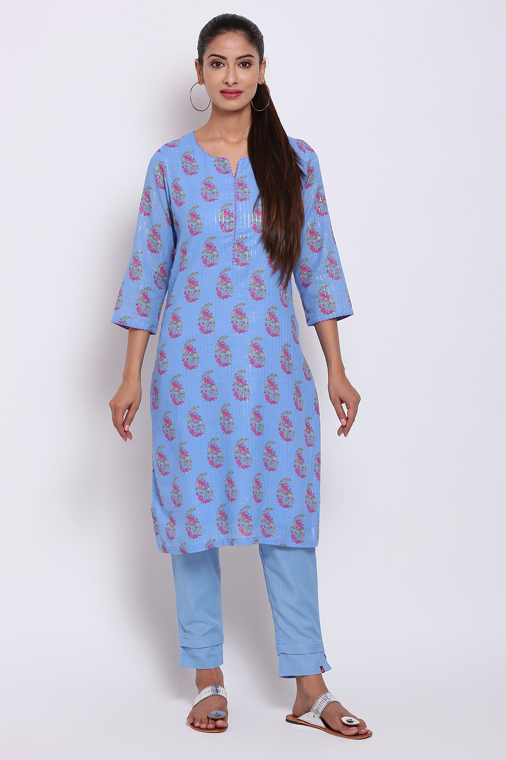 Blue Metallic Cotton Printed Kurti image number 0