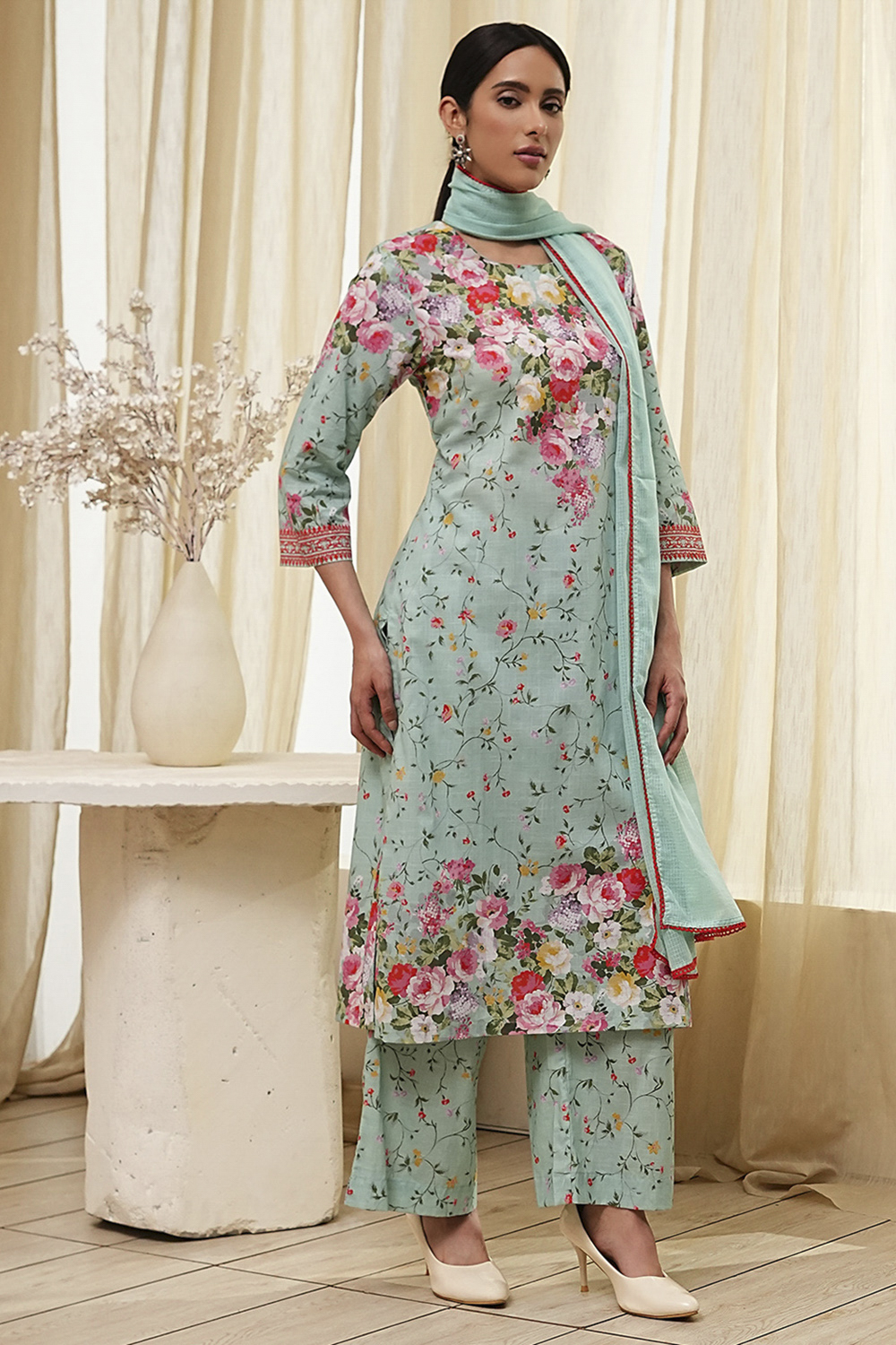 Turquoise Cotton Floral Printed Straight Suit Set image number 5