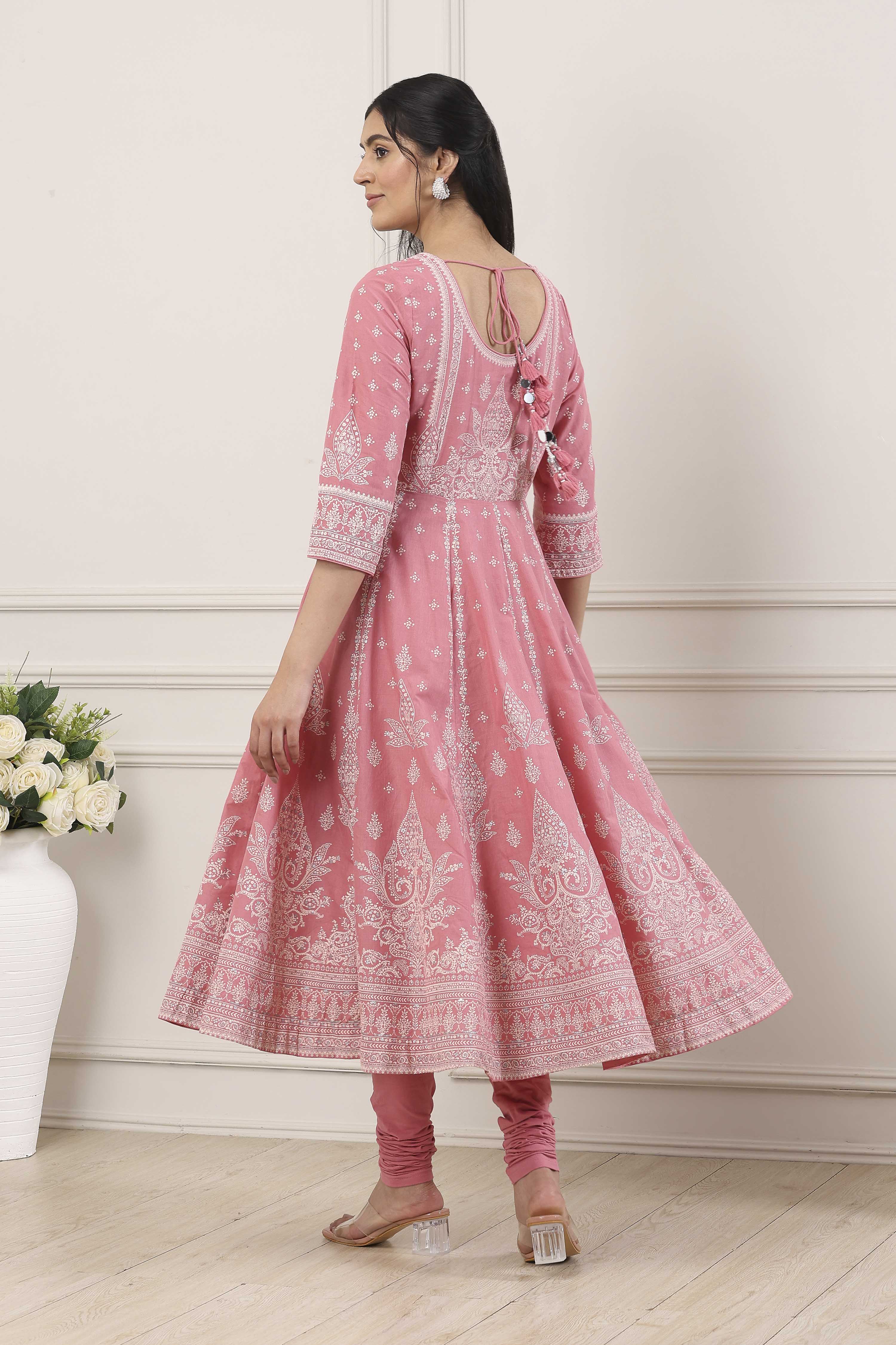Pink Cotton Ethnic Motif Printed Anarkali Suit Set image number 4