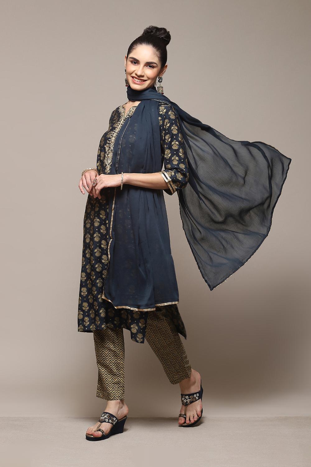 Indigo Modal Blend Straight Kurta Pants Suit Set image number 7