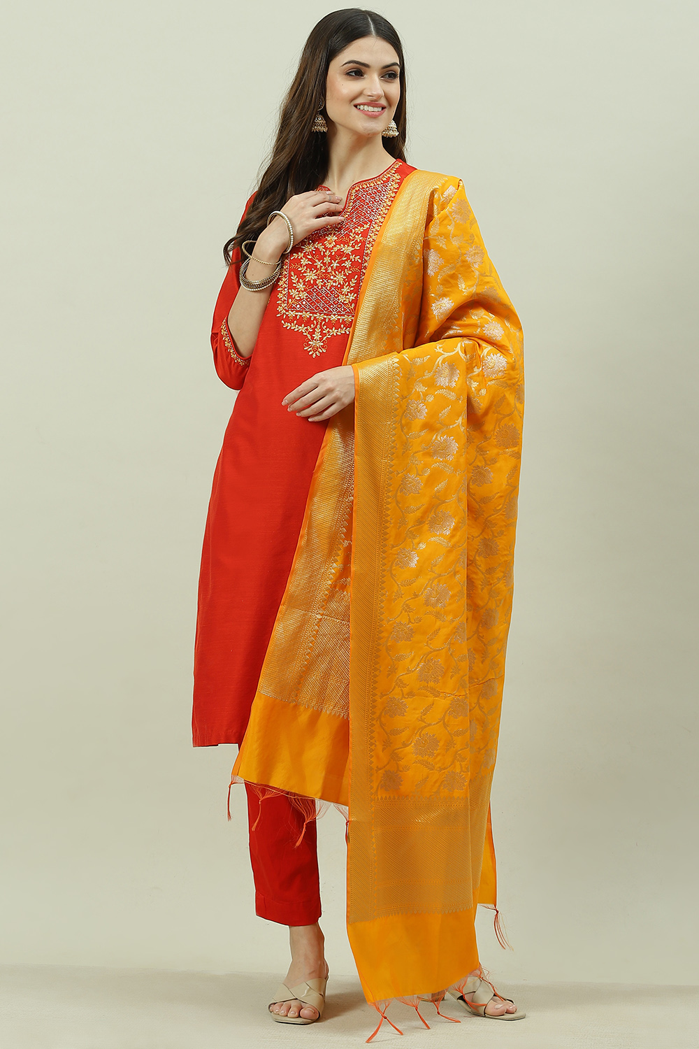 Terracotta Poly Cotton Straight Kurta Slim Pant Suit Set image number 7