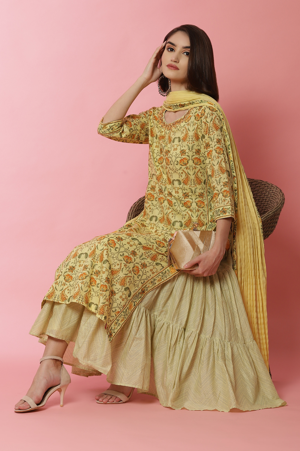 Light Yellow Double Layered Kurta Slim Pant Suit Set image number 0