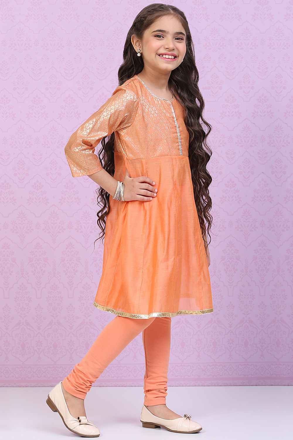 Orange Art Silk Straight Printed Kurta Set image number 5