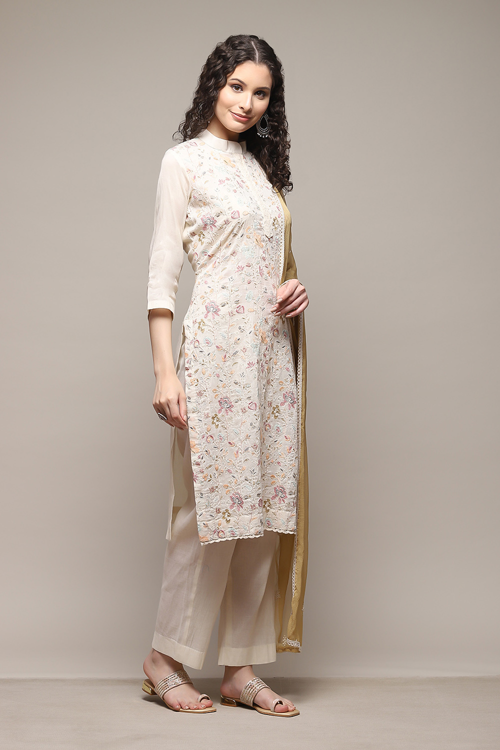 Off White Cotton Hand Embroidered Unstitched Suit Set image number 6