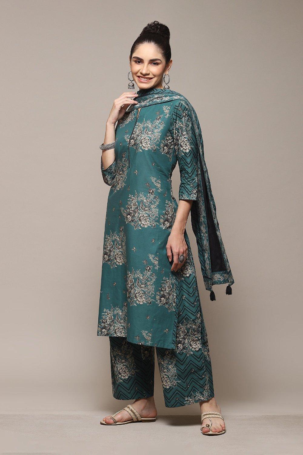 Dark Green Cotton Straight Kurta Palazzo Suit Set image number 5