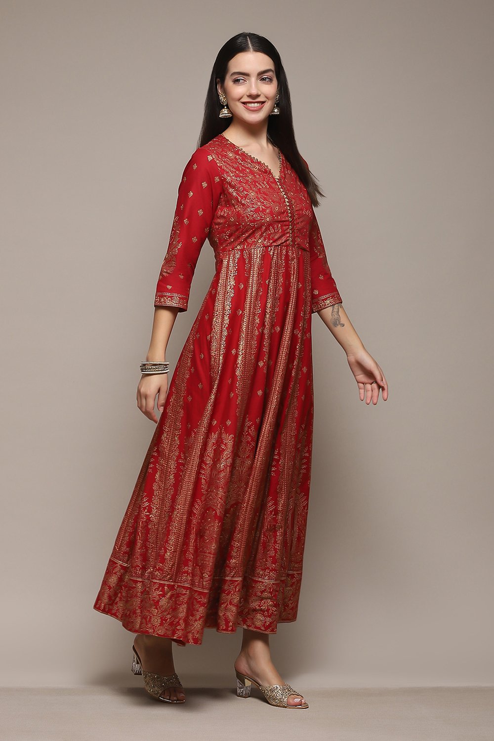 Red Cotton Flared Printed Dress image number 5