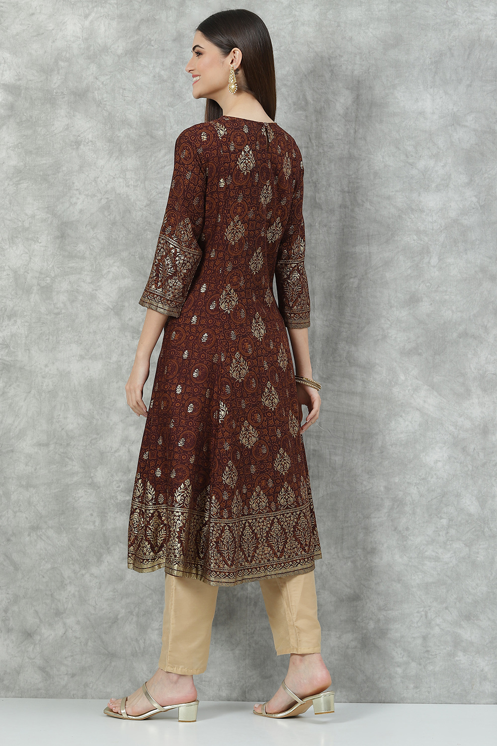 Brown Rayon A-Line Printed Kurta image number 4