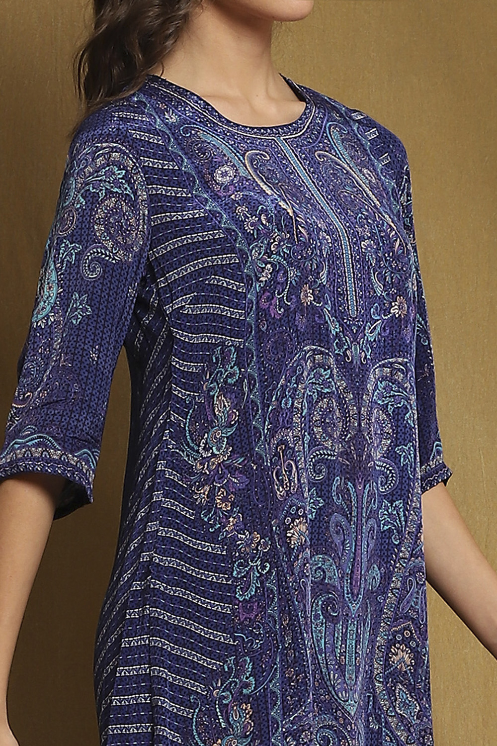 Blue Crepe Printed Asymmetric Kurta Set image number 1