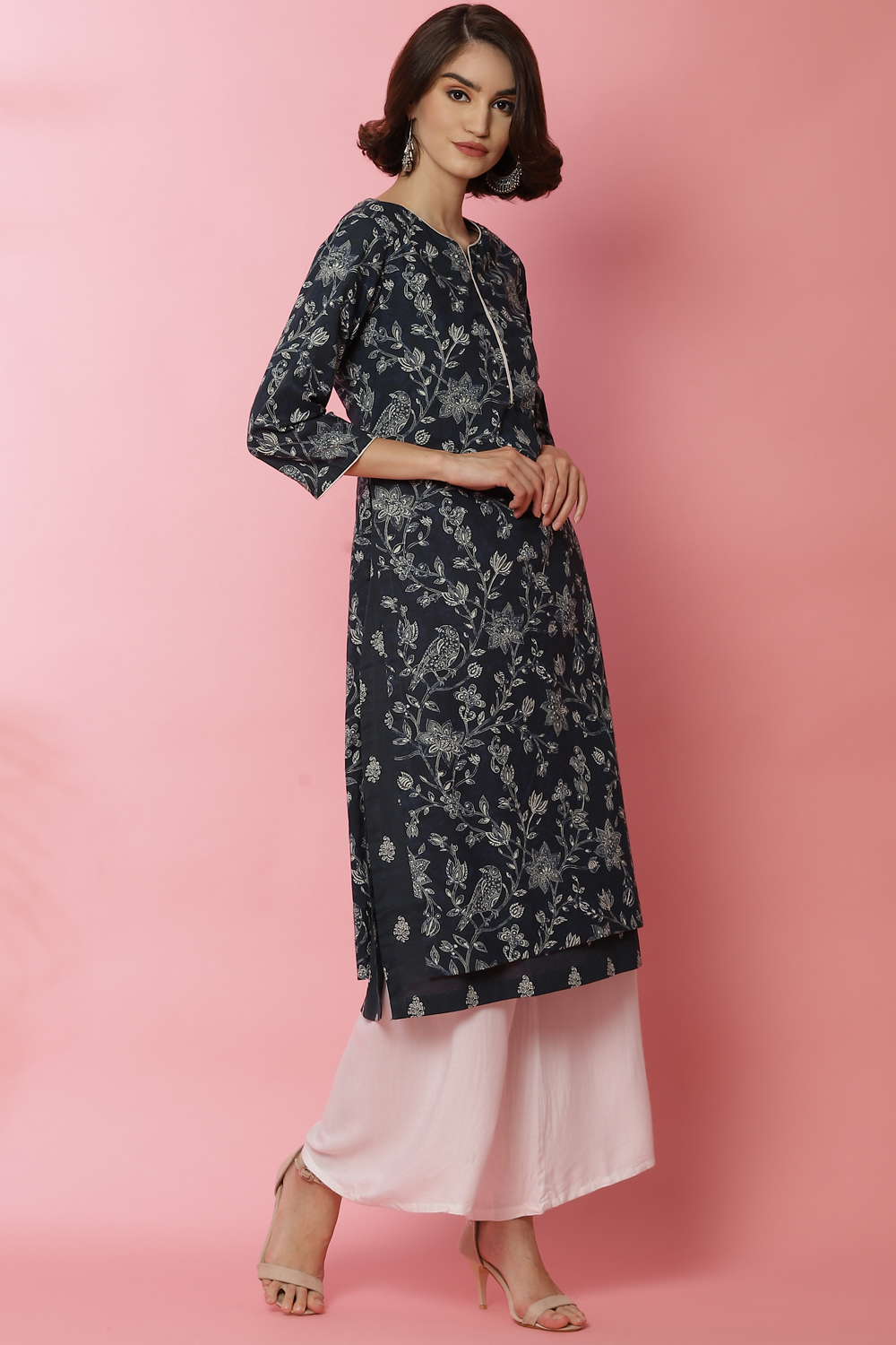 Navy Cotton Straight Printed Kurta image number 3