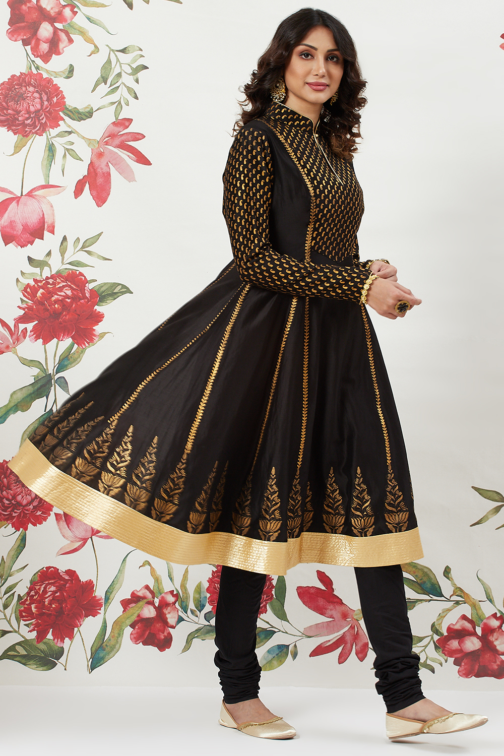 Rohit Bal Black Chanderi Silk Kalidar Solid Suit Set image number 4