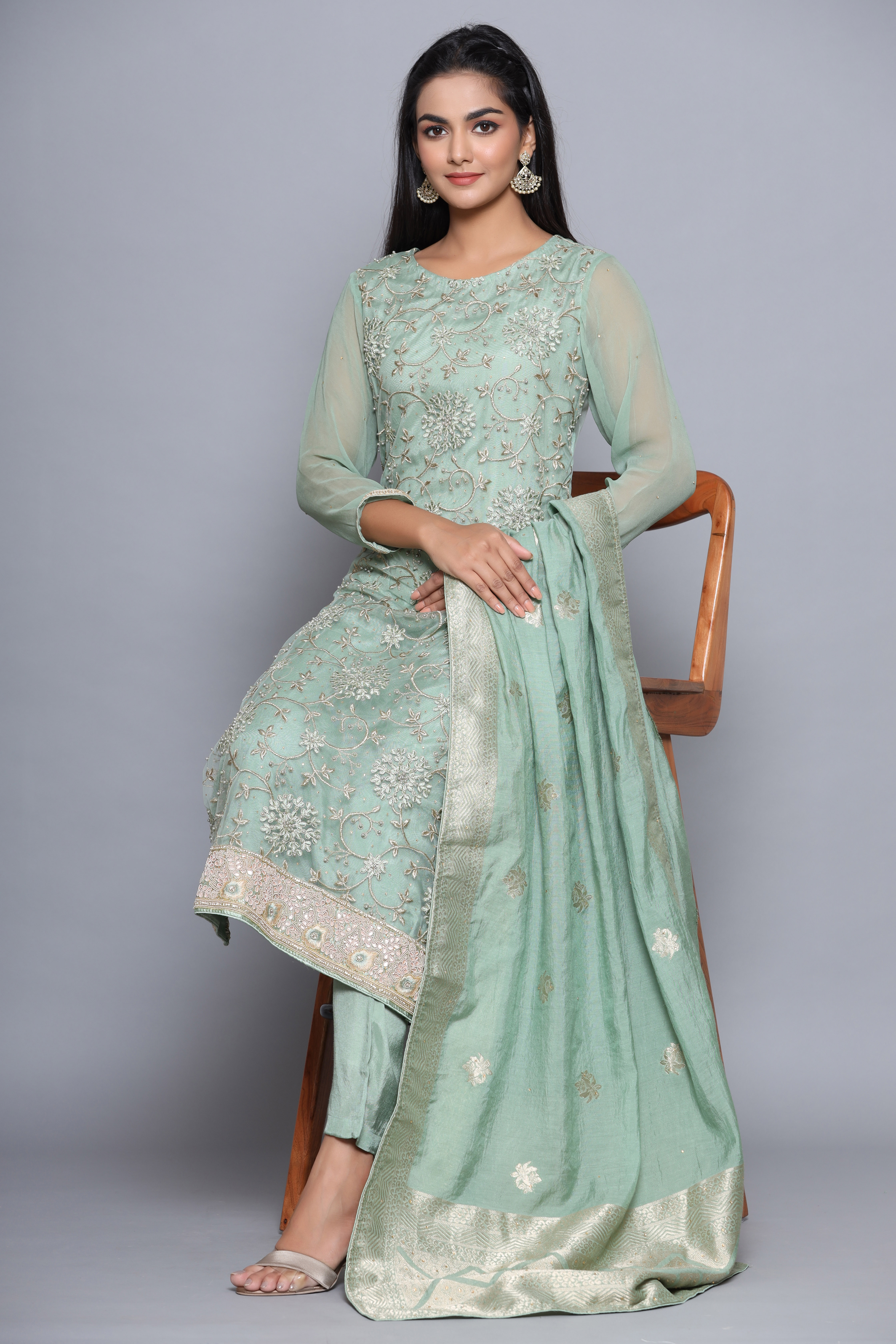 Pista Green Fancy NetÂ  Easy Stitch Suit Set image number 5