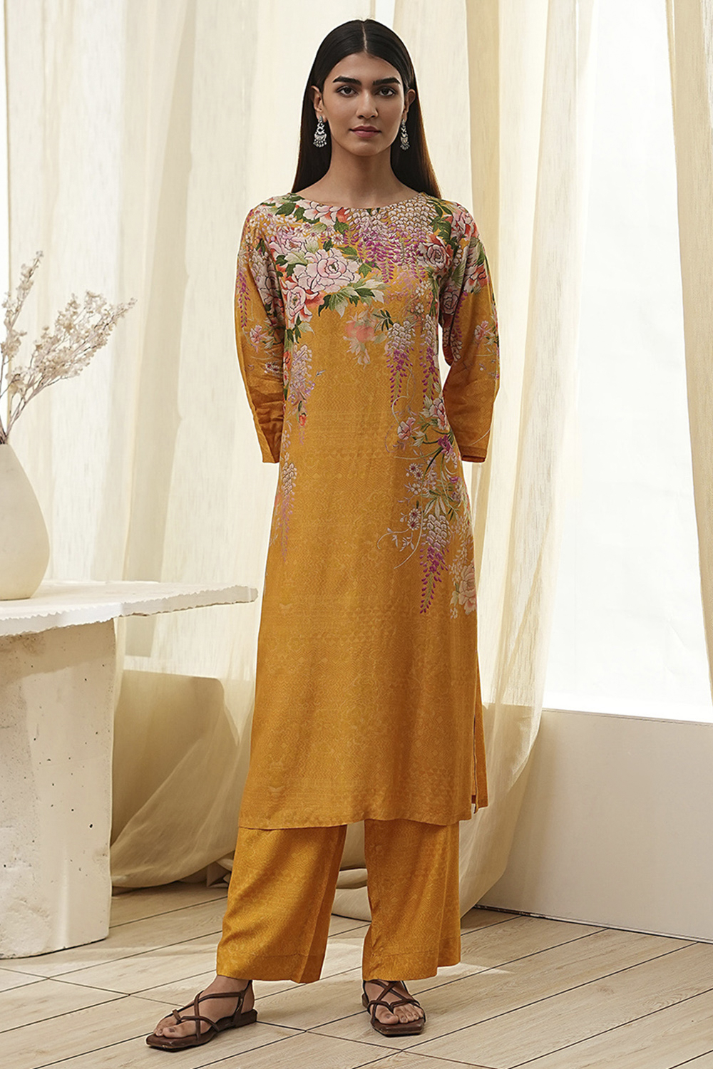 Mustard Yellow Floral Straight Kurta Set image number 6