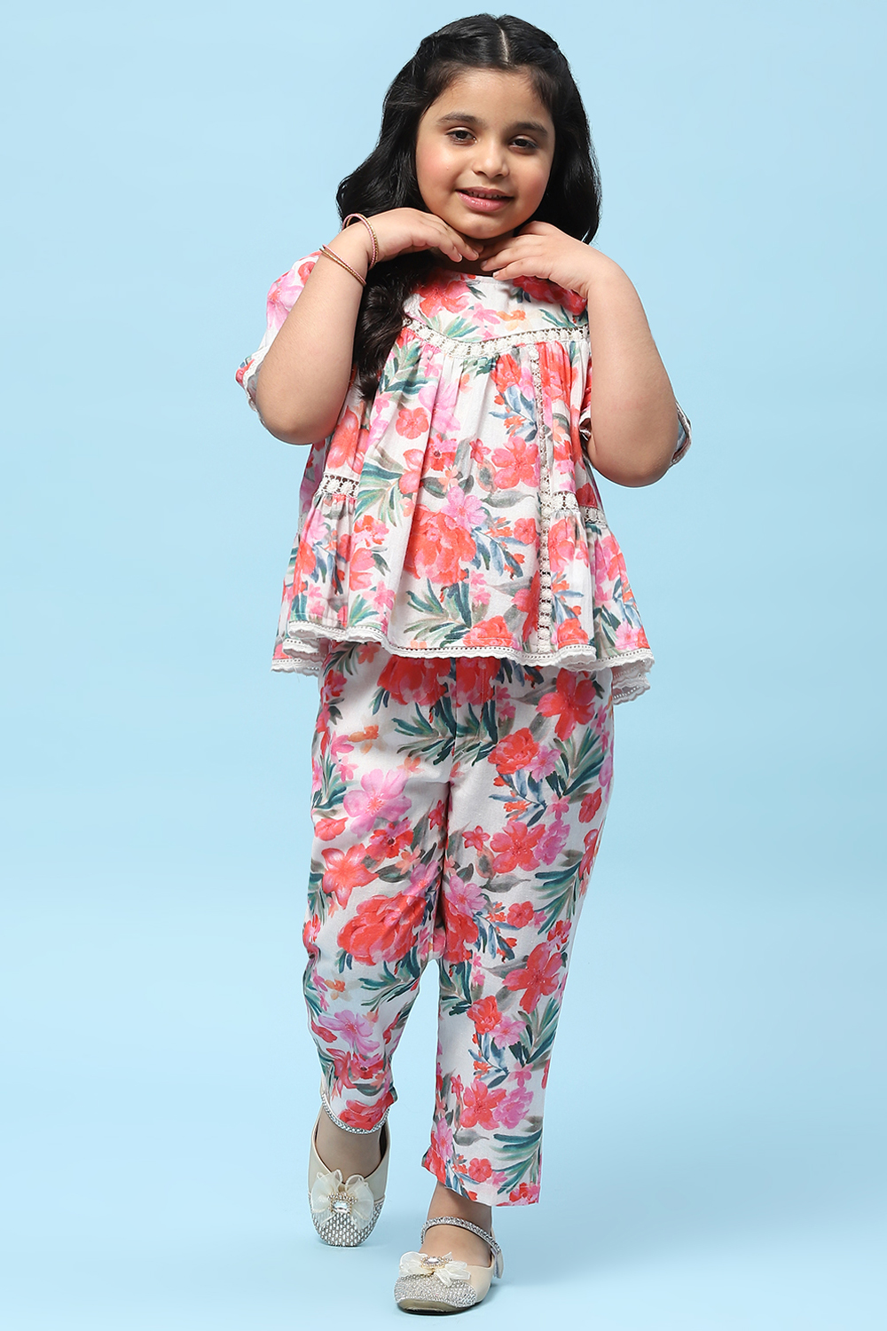 Off-White Pure Cotton Floral Print Top and Pant Set at Biba India