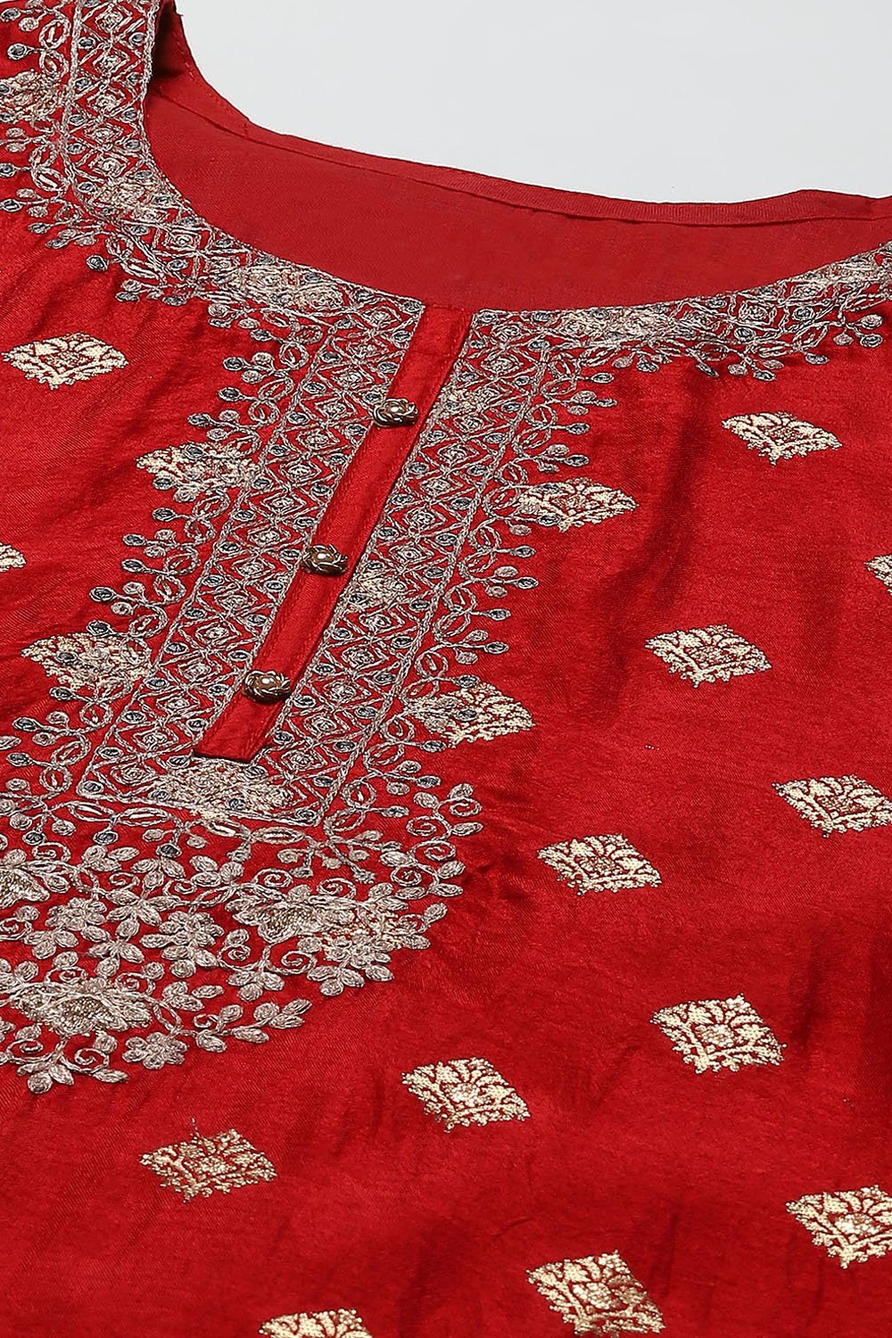 Red Banarasi Silk Machine Embroidered Unstitched Suit Set image number 2