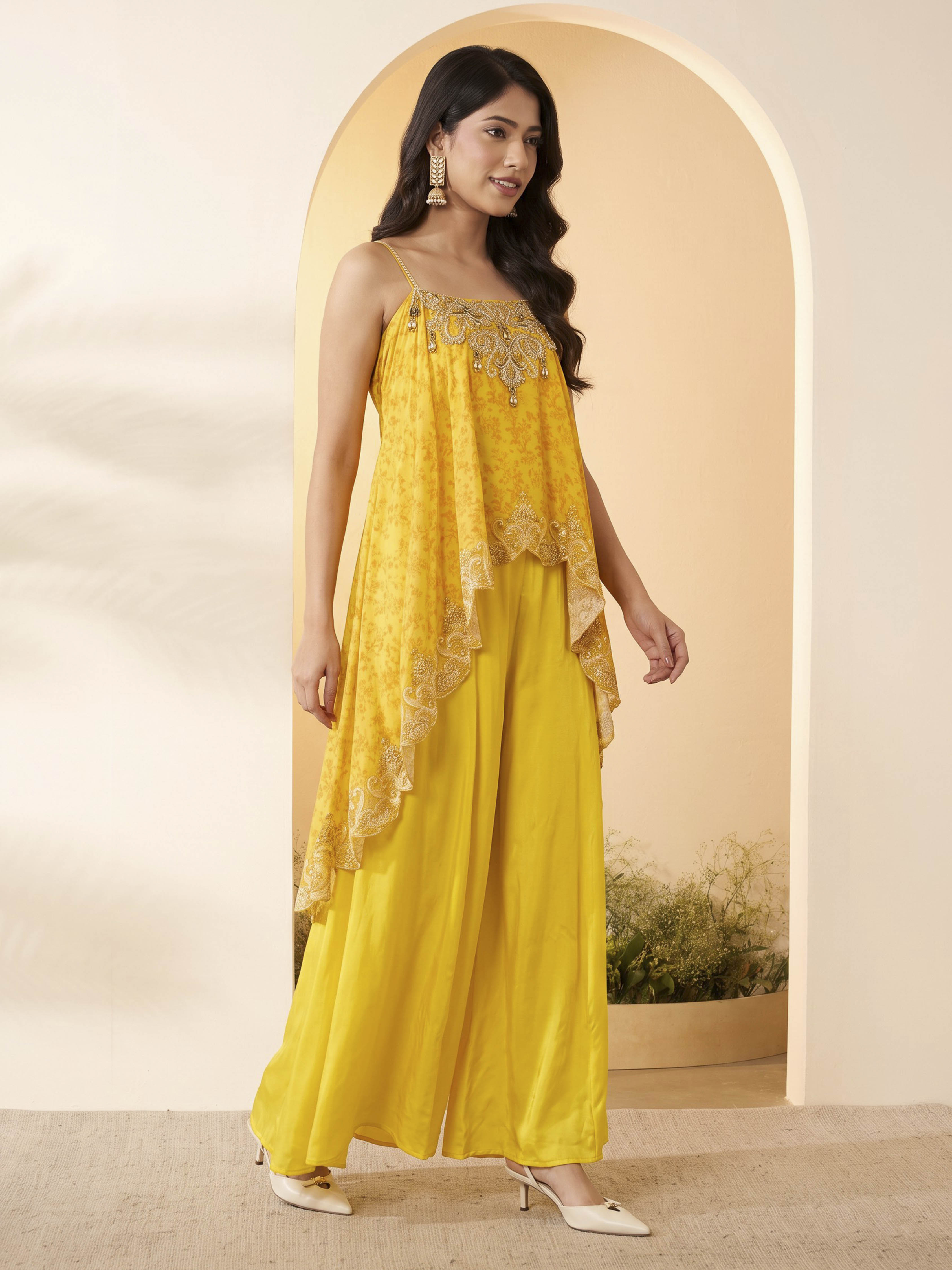 Yellow Modal Satin Asymmetric Suit Set image number 3
