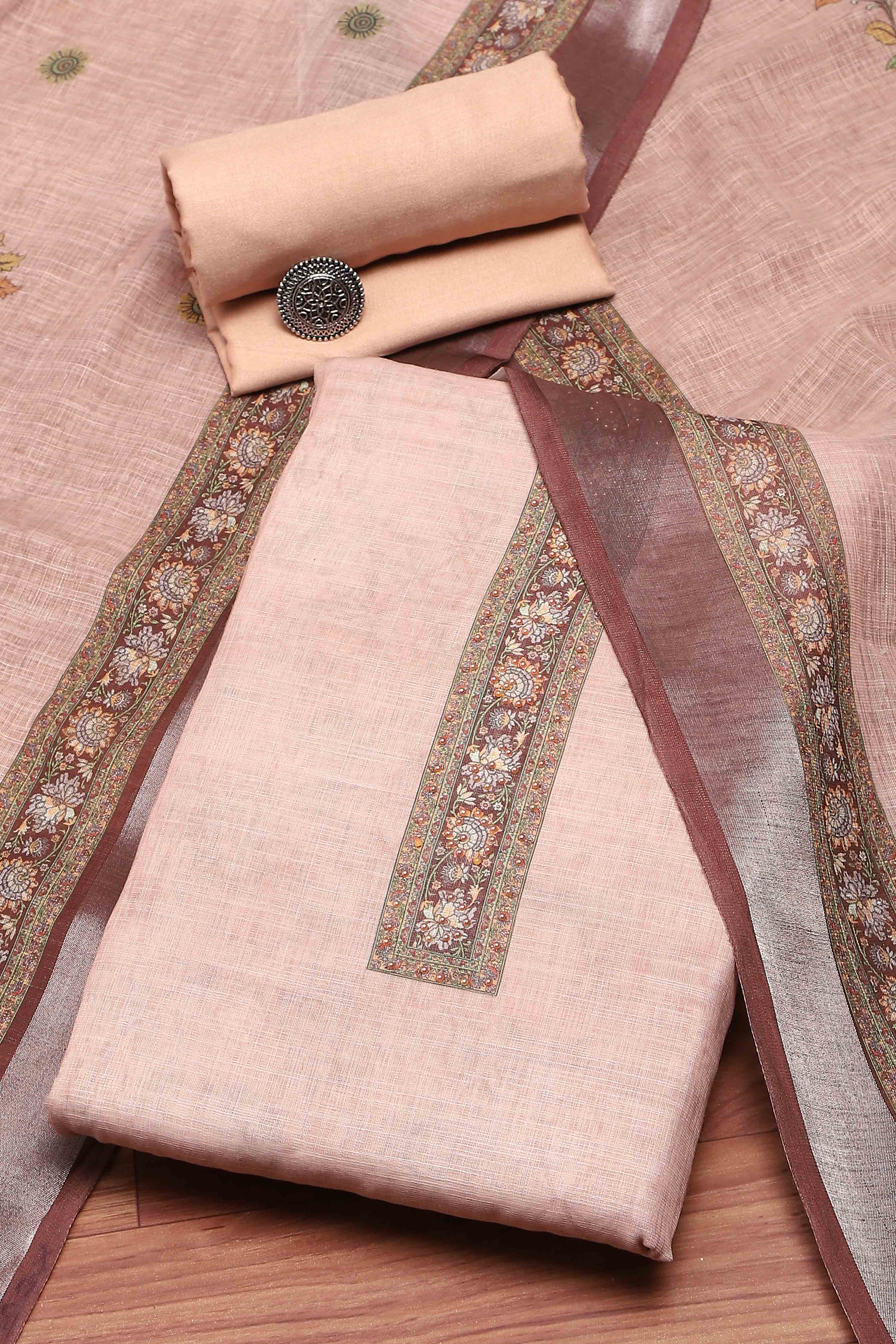 Peach Chanderi  Neck Patti Unstitched Suit Set image number 0