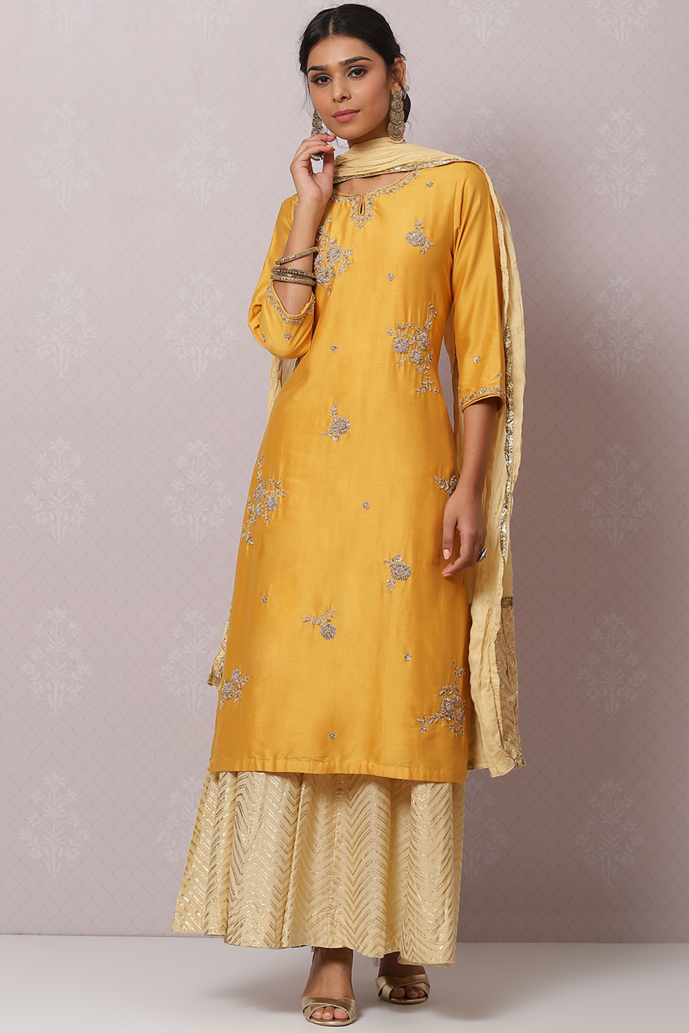 Mustard Cotton Silk Straight Kurta Sharara Suit Set image number 0