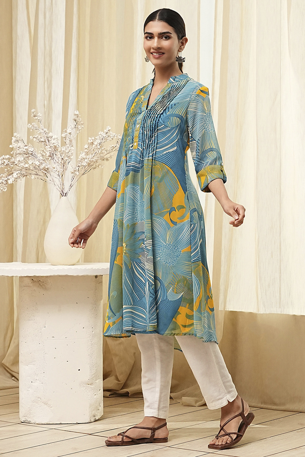 Blue Printed Pleated A-Line Kurta image number 2