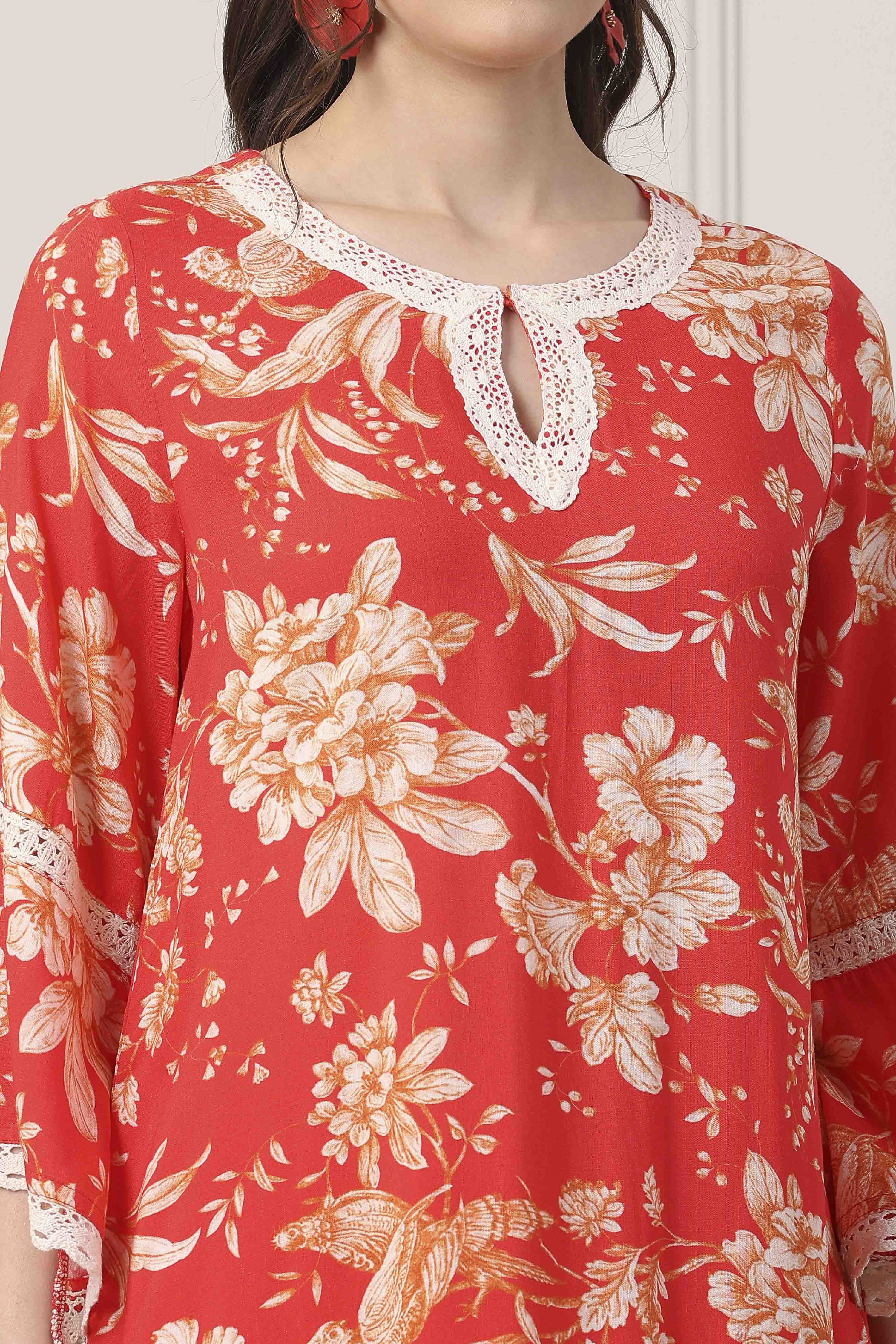 Red Floral Lace Work Straight Suit Set image number 1