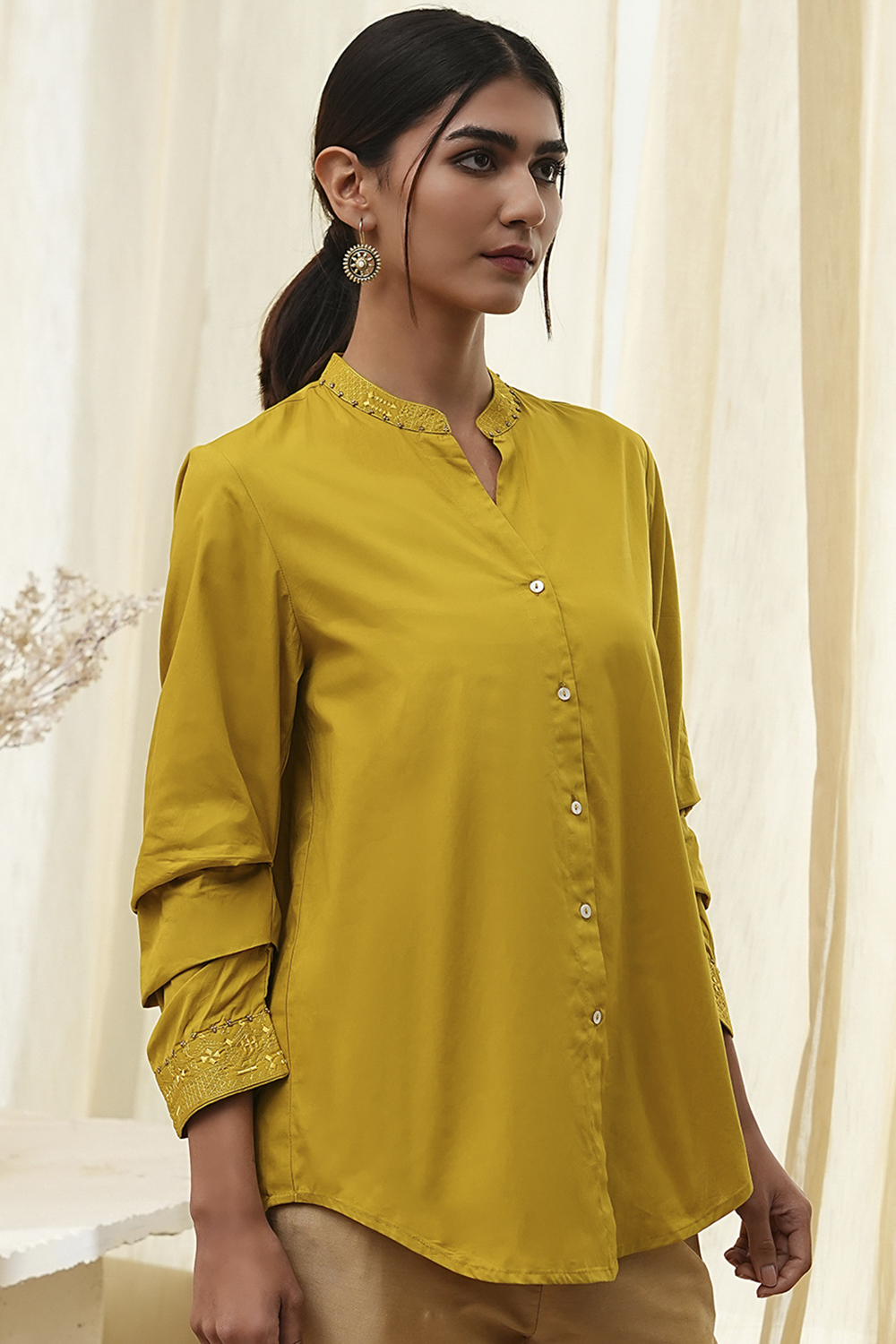 Honey Mustard Cotton Solid High-Low Shirt image number 1