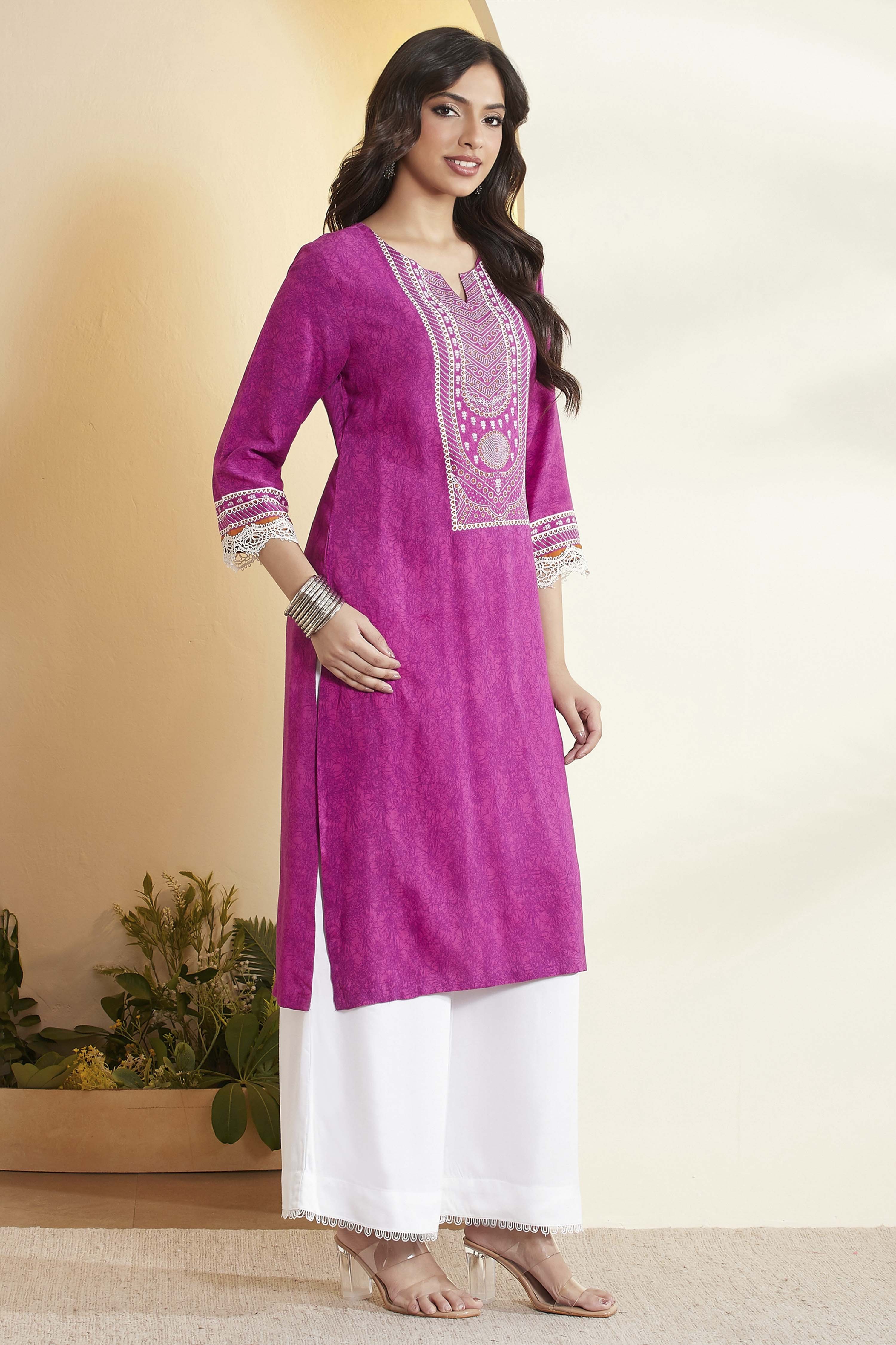 Purple Viscose Rayon Printed Straight Kurta image number 4