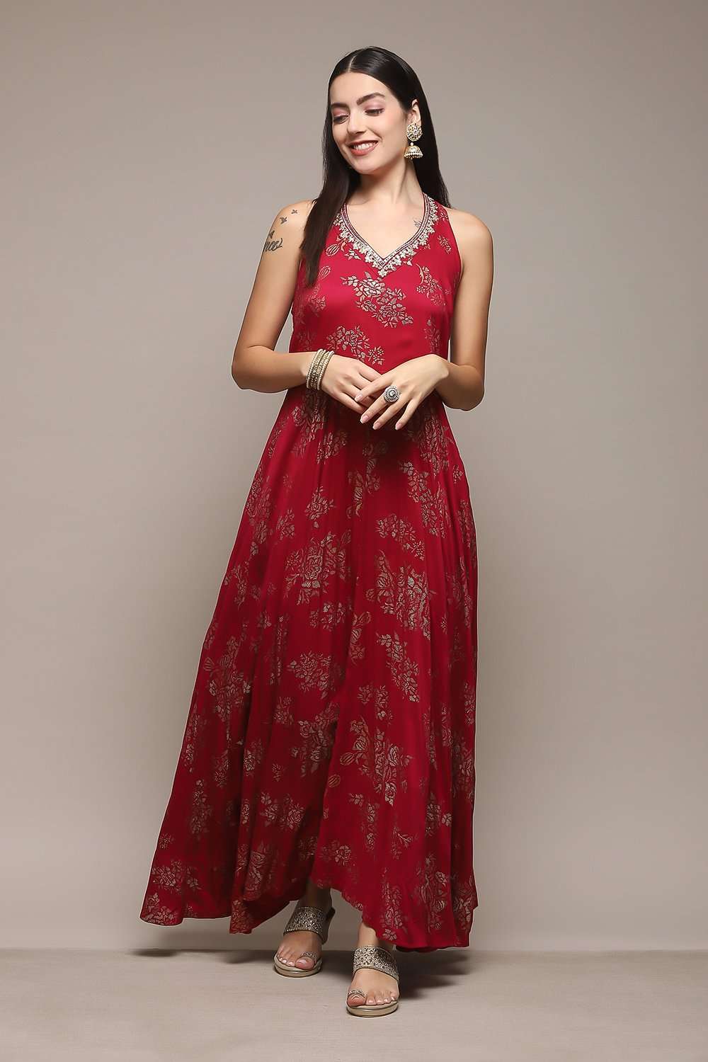 Cherry Red LIVA Flared Printed Dress image number 5