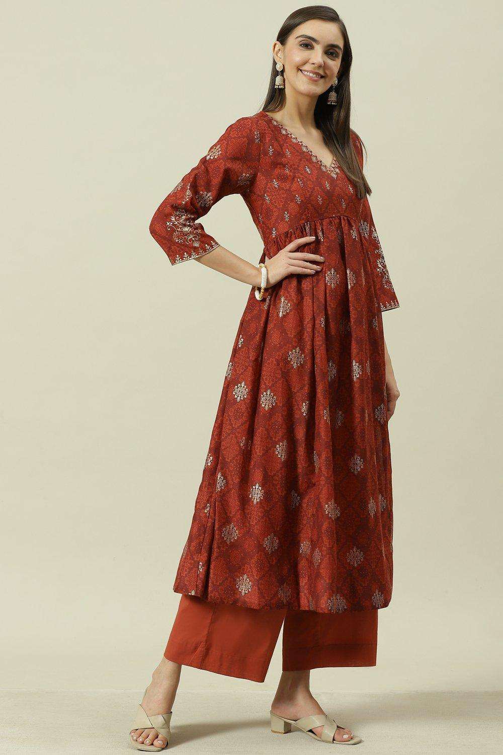 Rust Printed Anarkali Kurta Palazzo Suit Set image number 0