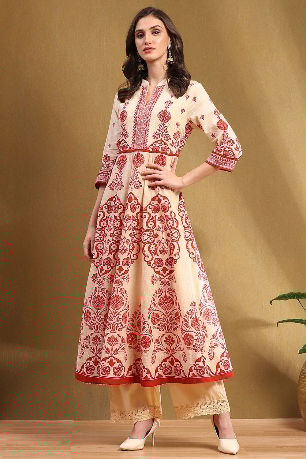 Ecru and Rust Cotton Printed Anarkali Kurta Set image number 0
