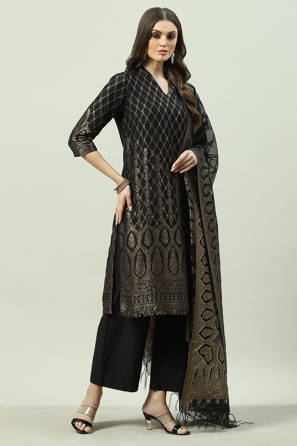 Black Art Silk Straight Kurta Palazzo Suit Set image number 3