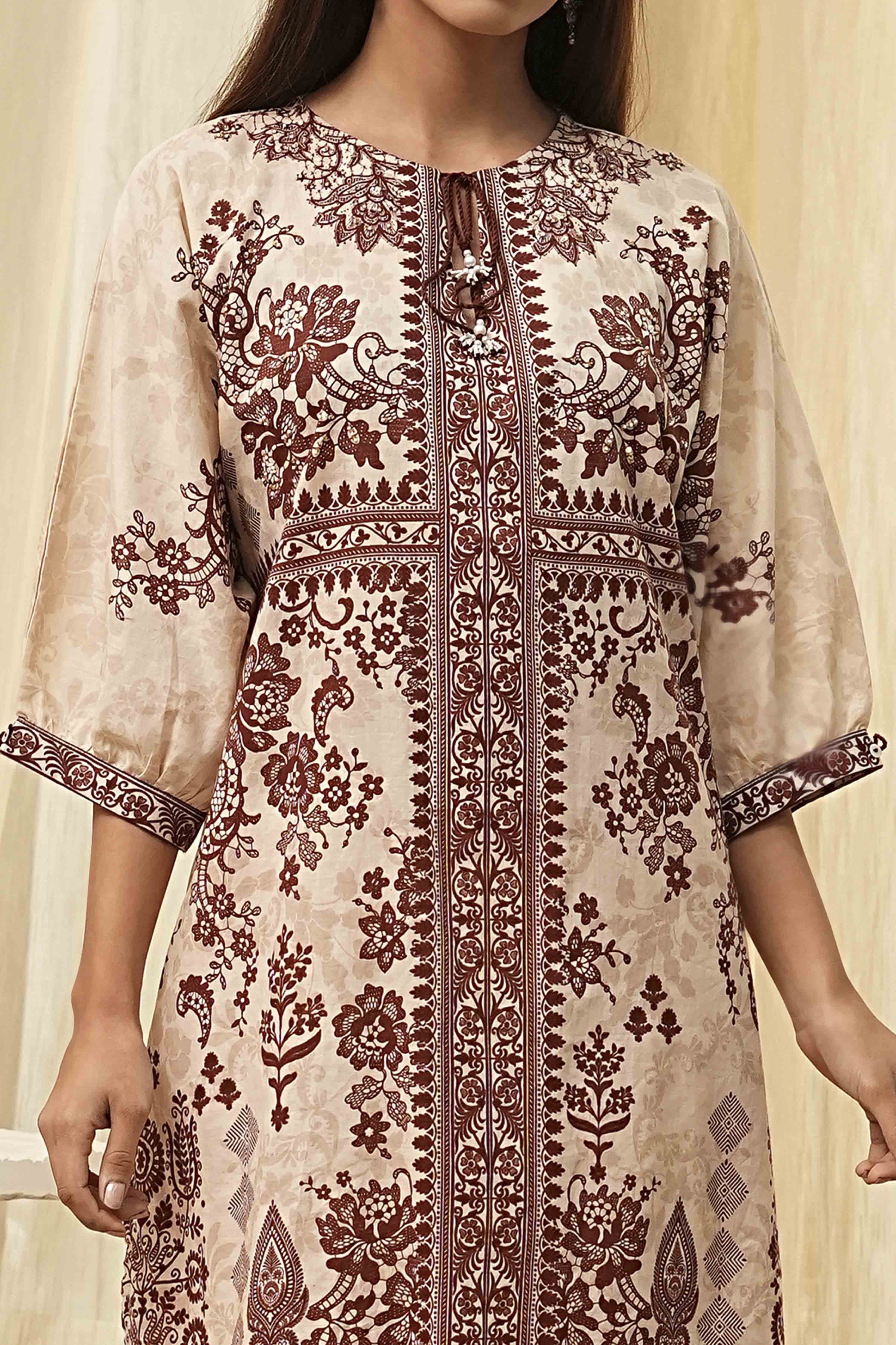 Beige and Brown Pure Cotton Printed Kurta Set image number 1