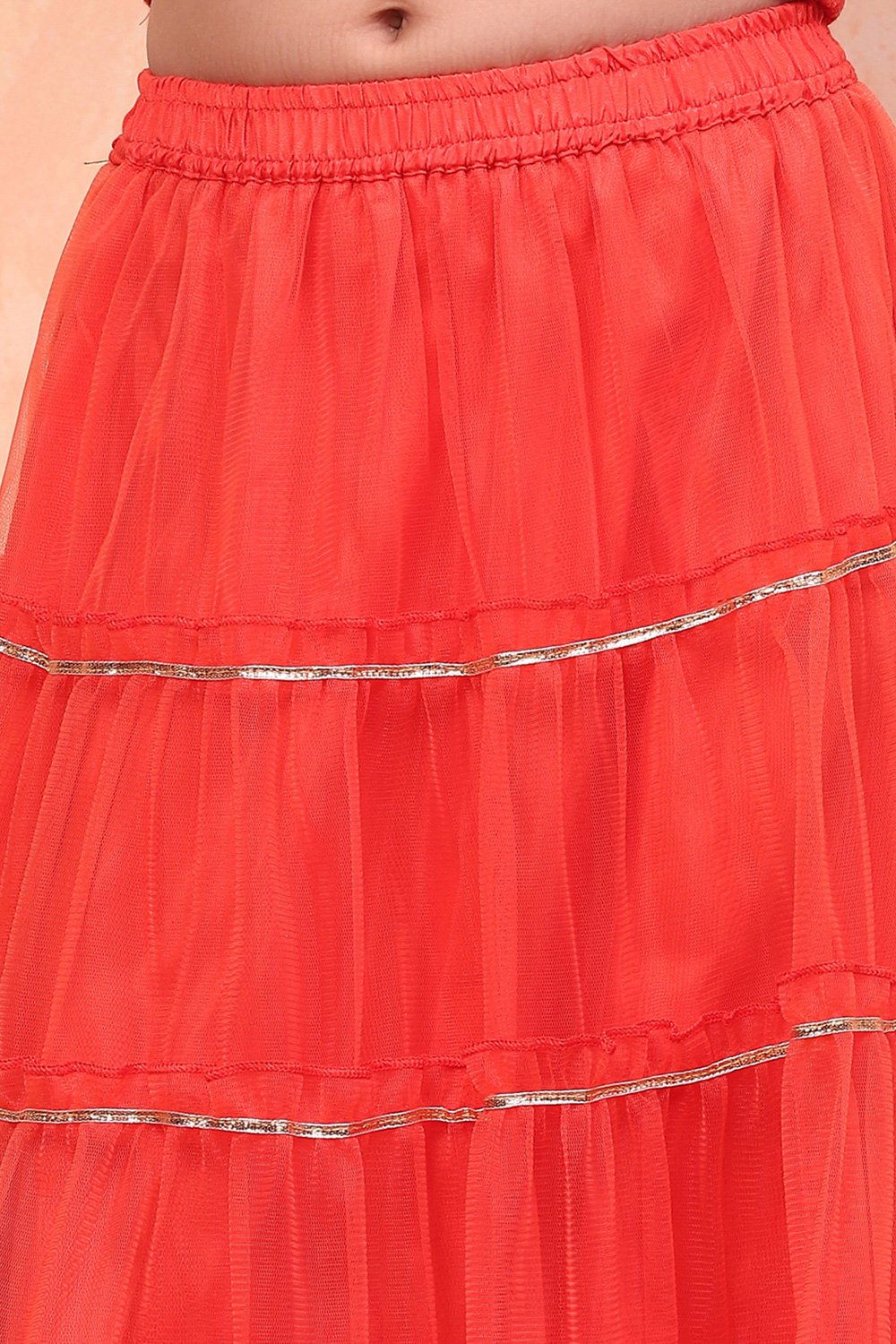 Orange Poly Chanderi Metallic Tiered Flared Lehenga Set image number 2