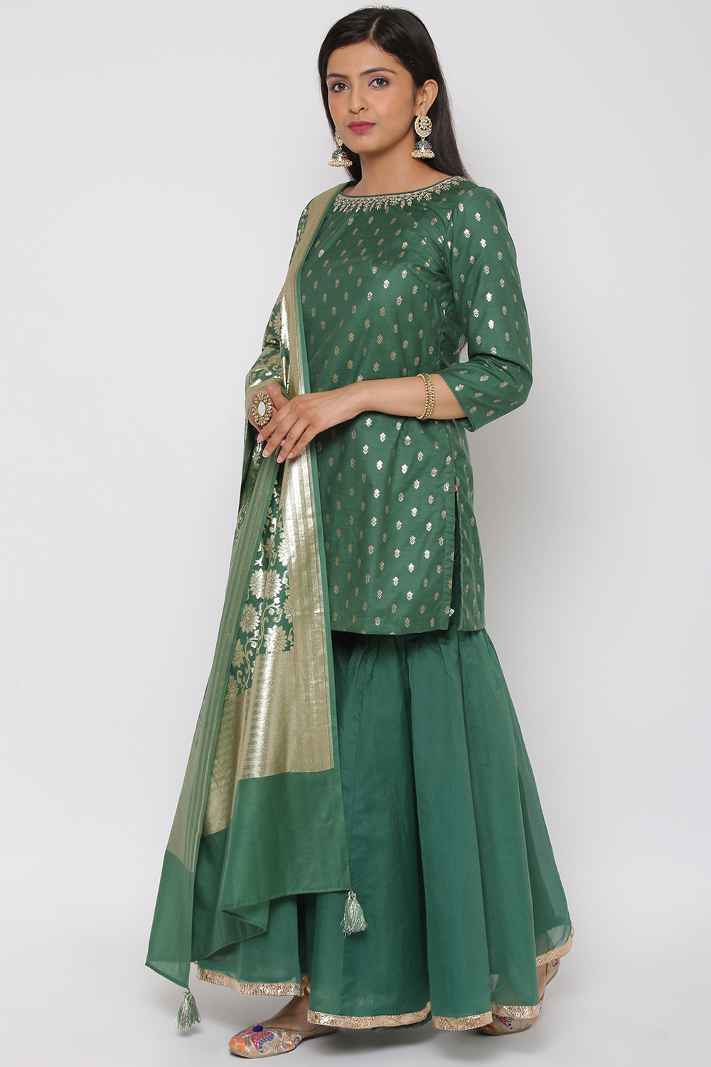 Green Poly Metallic Sharara Kurta Garara Suit Set image number 4