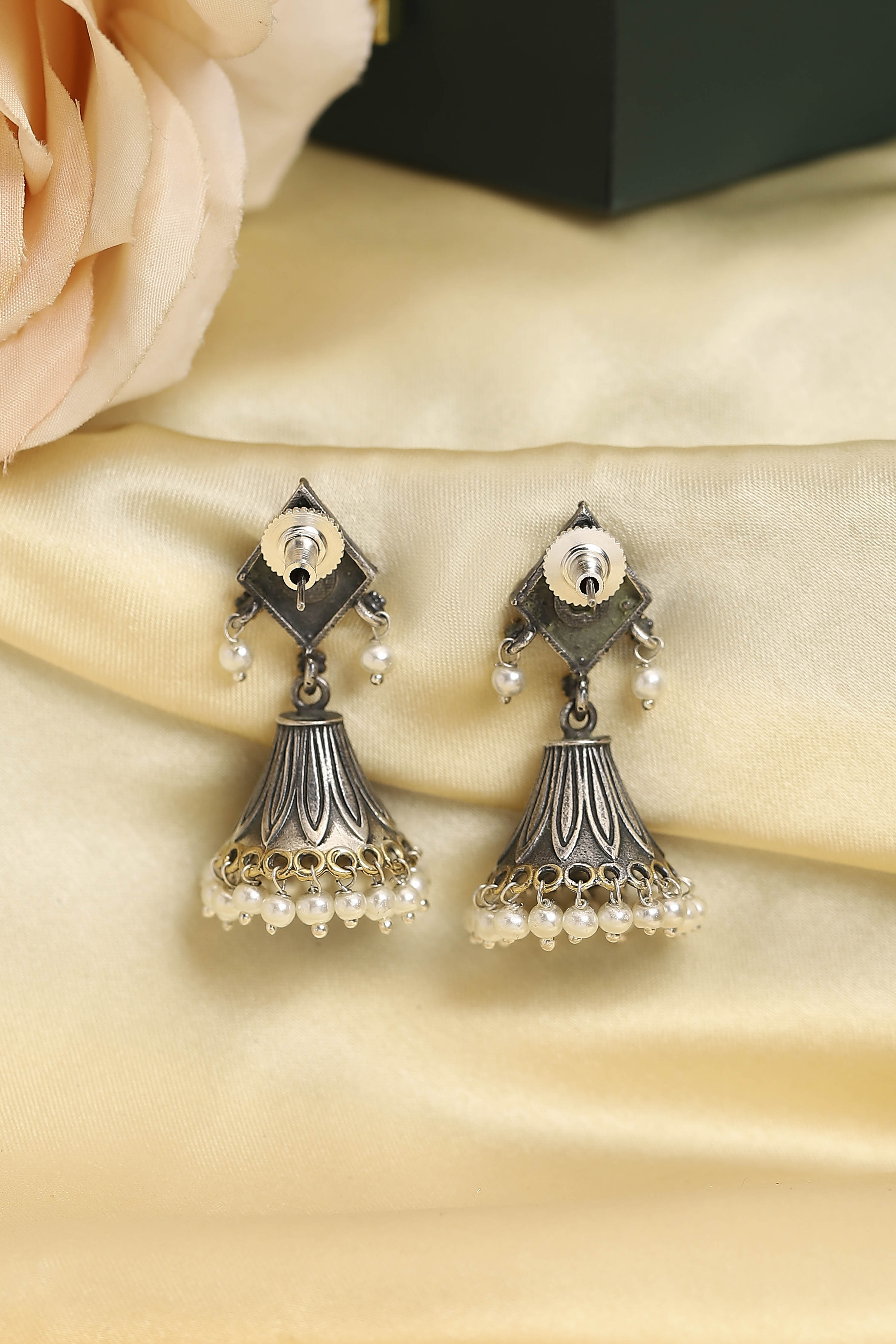 Green Oxidised Brass Pearl Studded Jhumkas image number 2