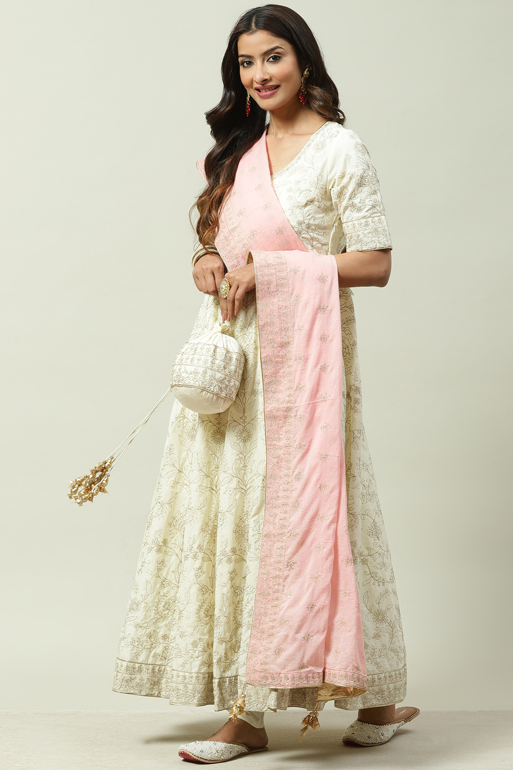 Off White Cotton Anarkali Kurta Churidar Suit Set image number 5