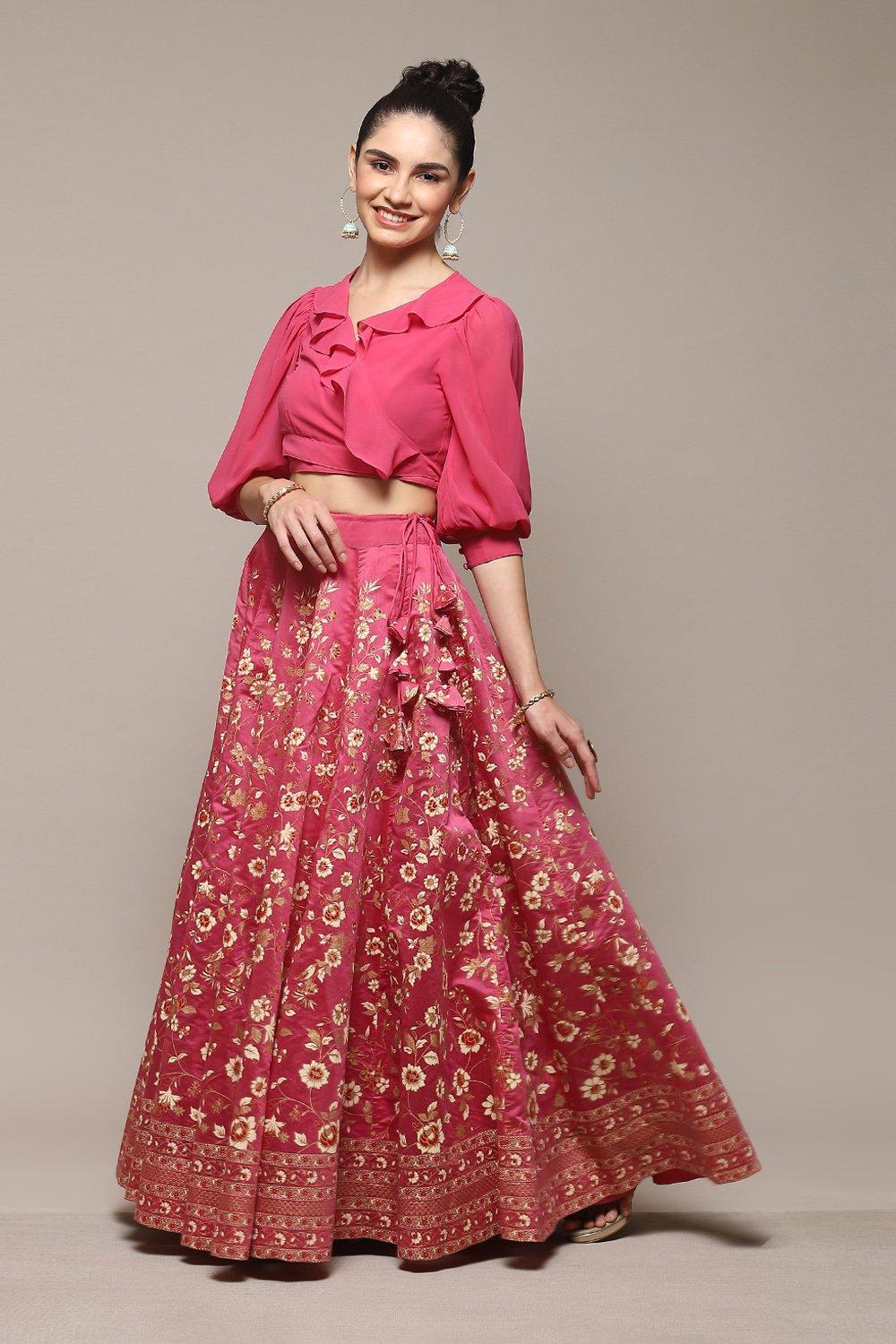 Pink Polyester Straight Kurta Skirt Suit Set