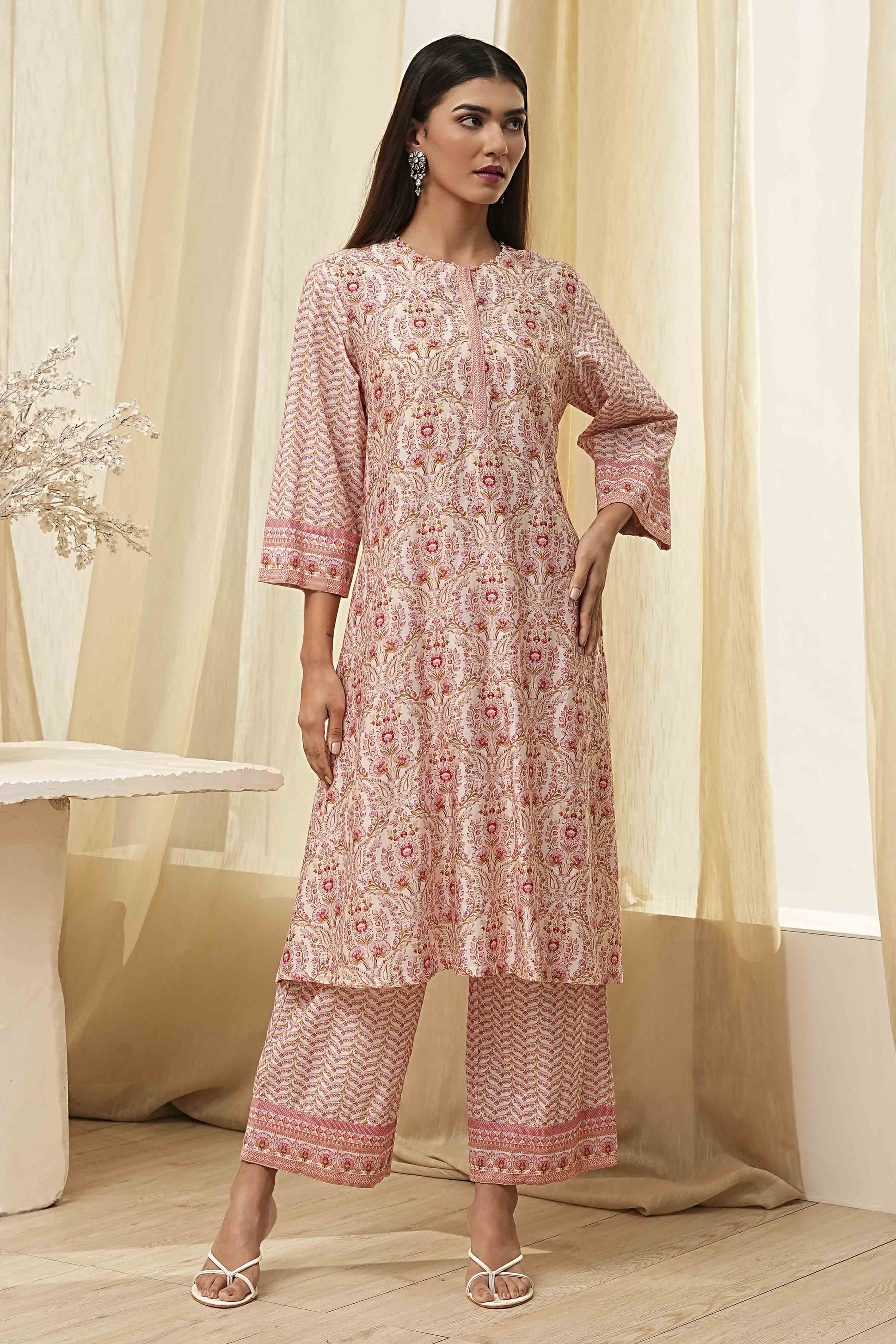 Off-White and Pink Cotton Straight Kurta Set image number 6