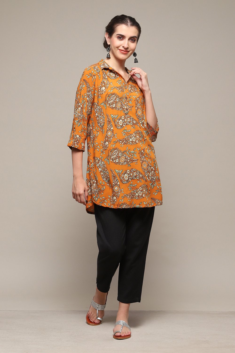 Mustard LIVA Straight Printed Top image number 1