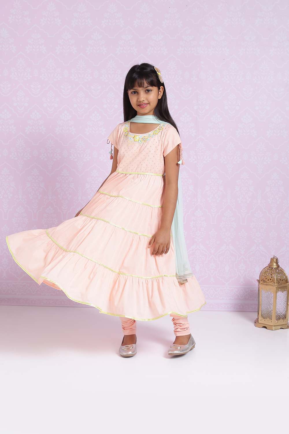 Peach Cotton Tiered Kurta Churidar Suit Set image number 2