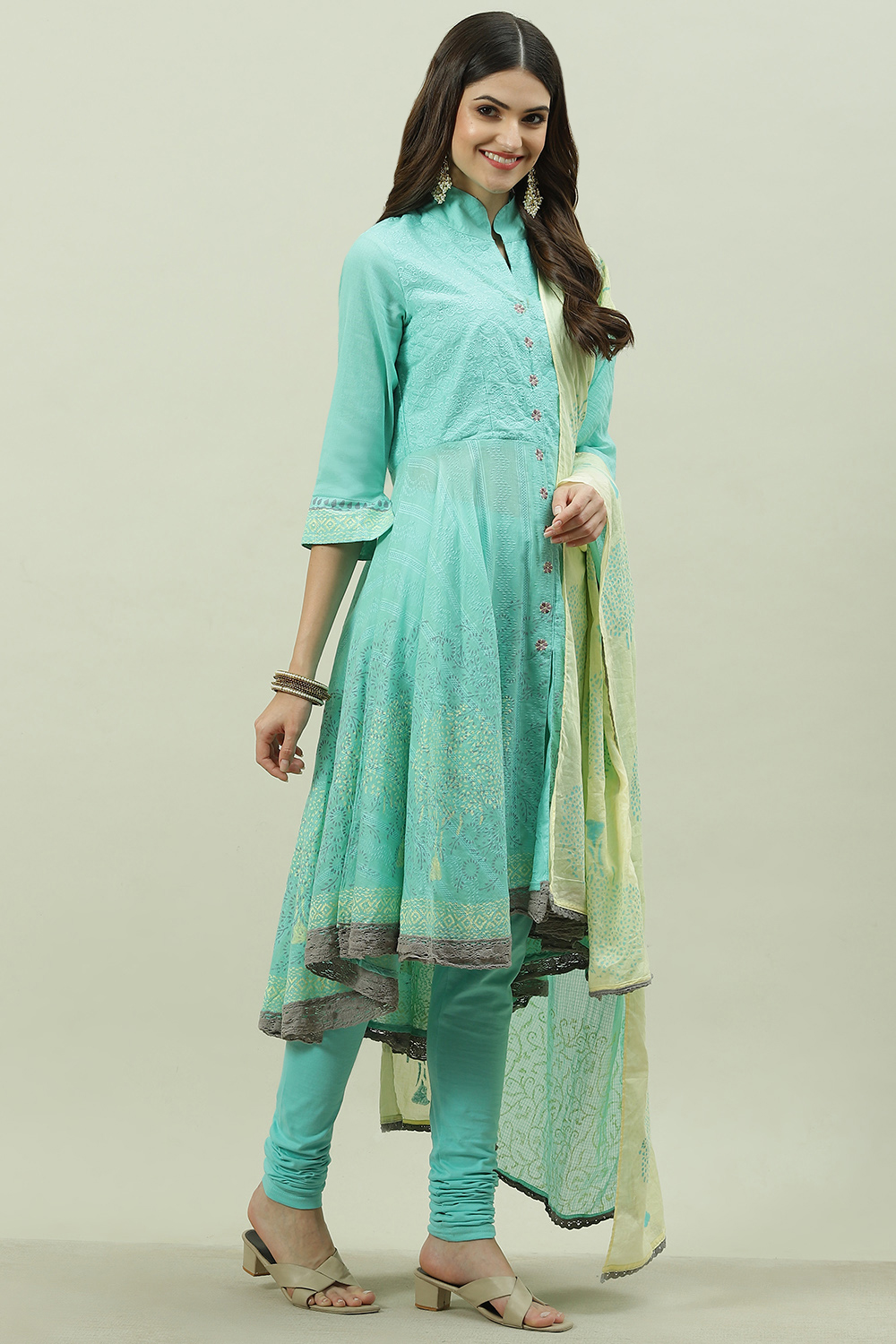 Aqua Cotton Asymmetric Kurta Churidar Suit Set image number 6