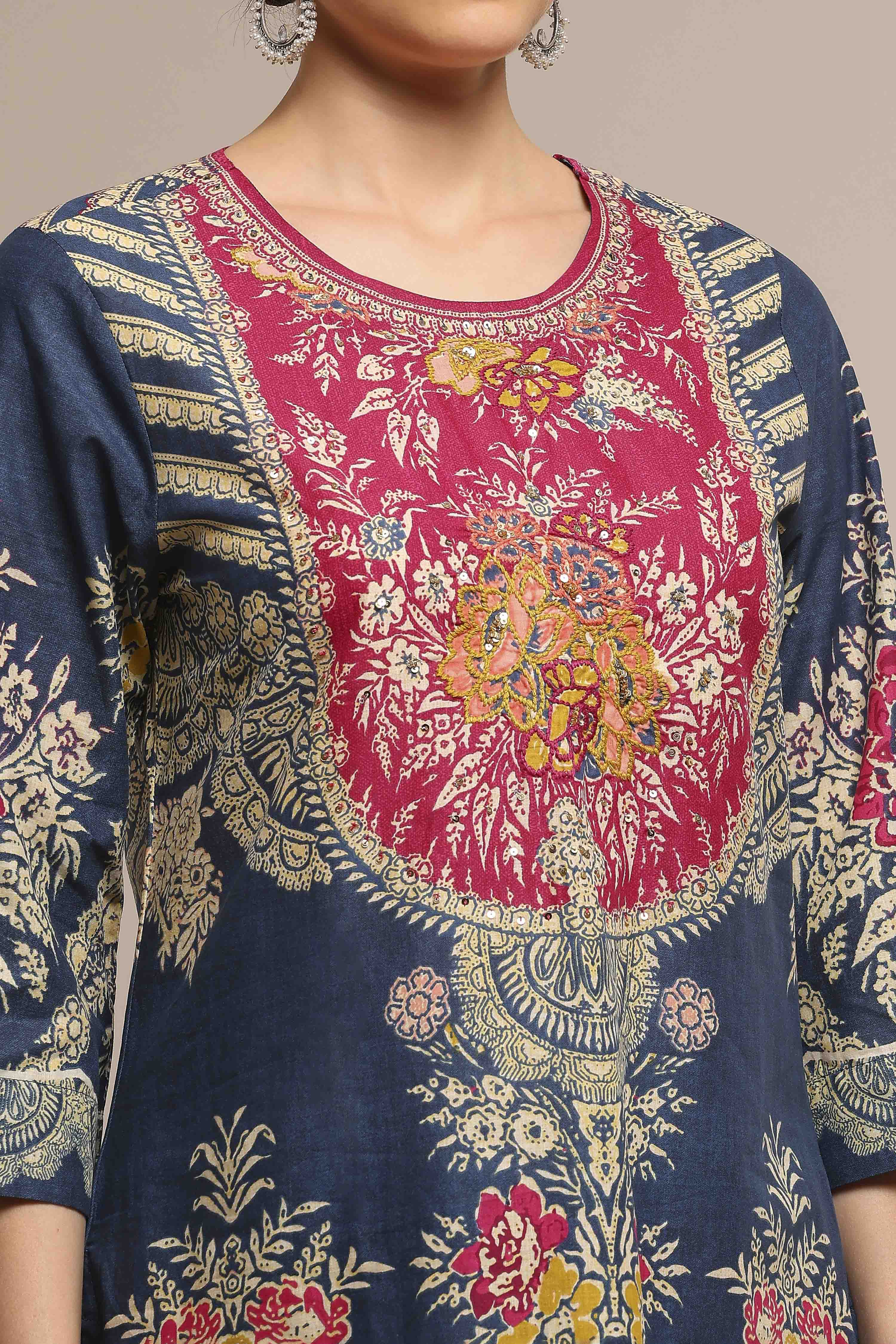 Blue Cotton Printed Straight Suit Set image number 1