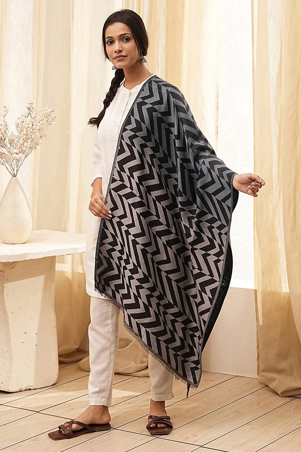 Navy & Orange Cotton Blend Dupatta image number 2