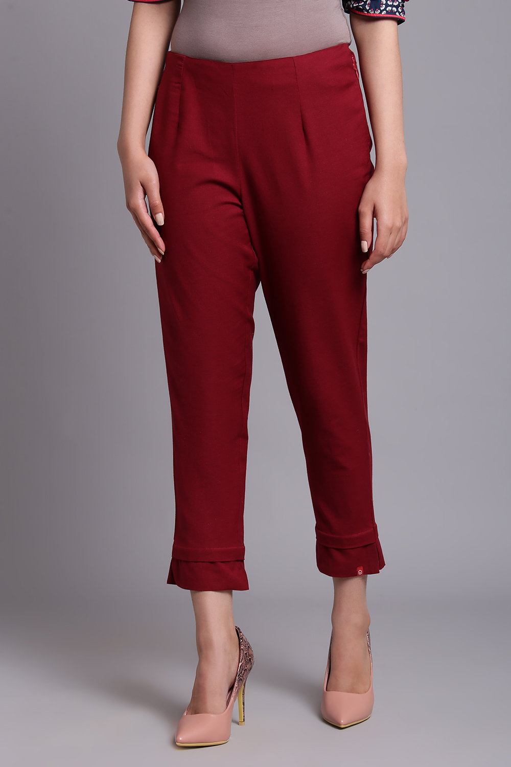 Maroon Cotton Flax Slim Pants image number 2