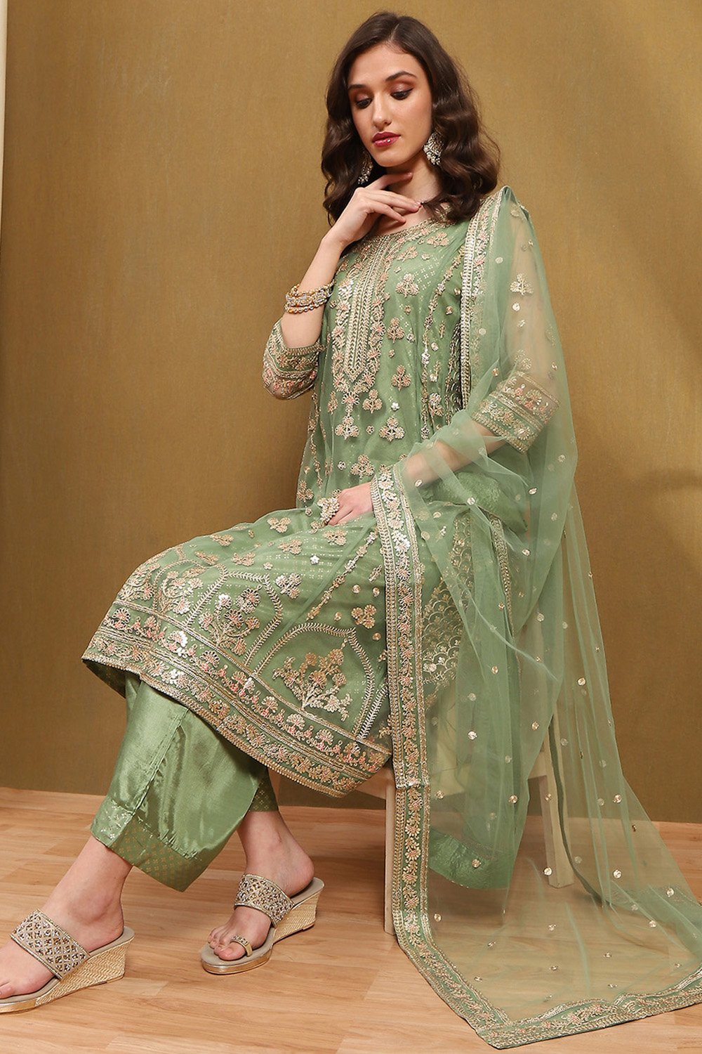 Green Net Embroidered Festive Kalidar Suit Set image number 0