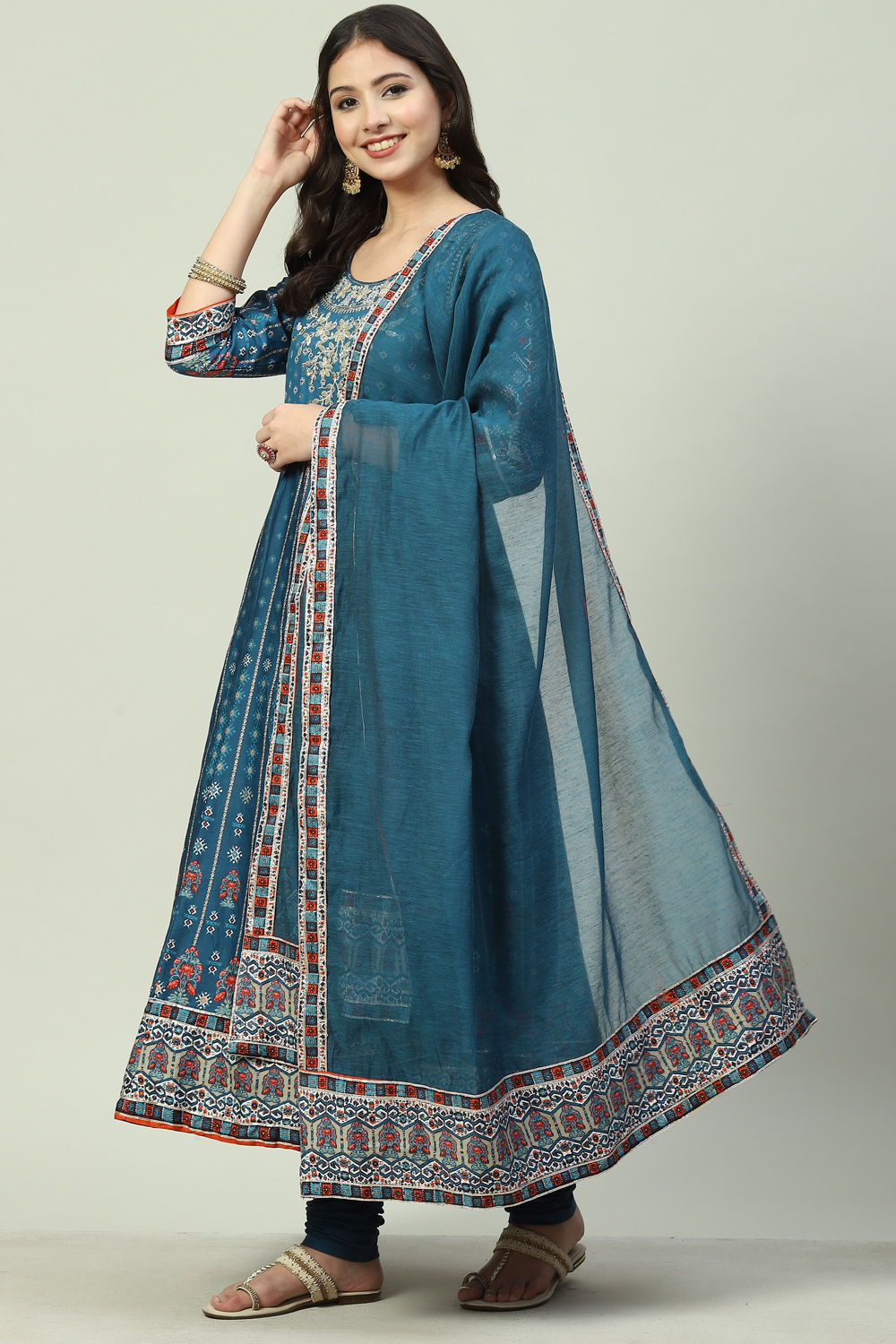 Teal Cotton Anarkali Kurta Churidar Suit Set image number 5