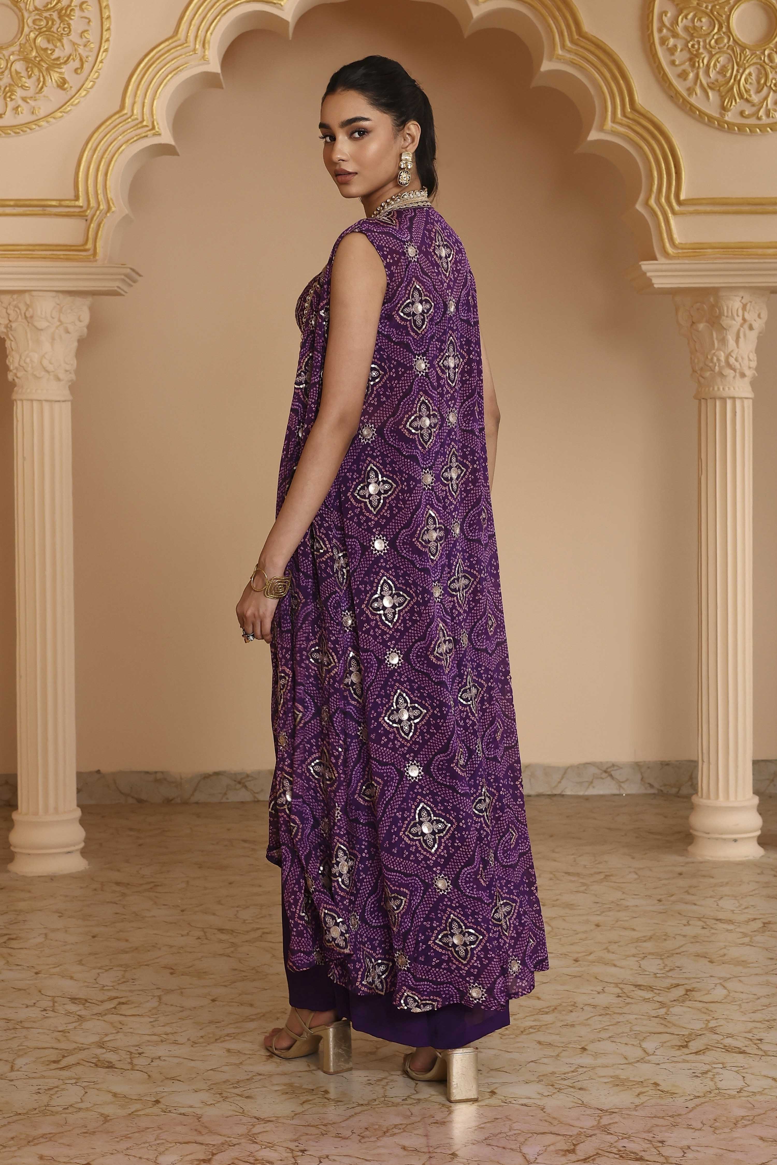 Purple Pure Chinnon Bandhani Printed Fusion Set image number 4