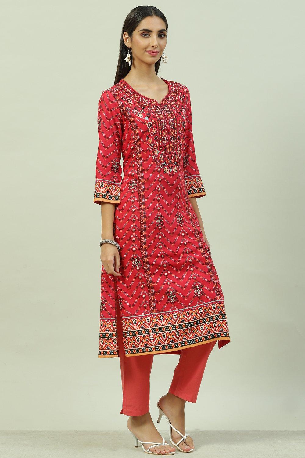 Red & Green LIVA Straight Printed Kurta image number 3