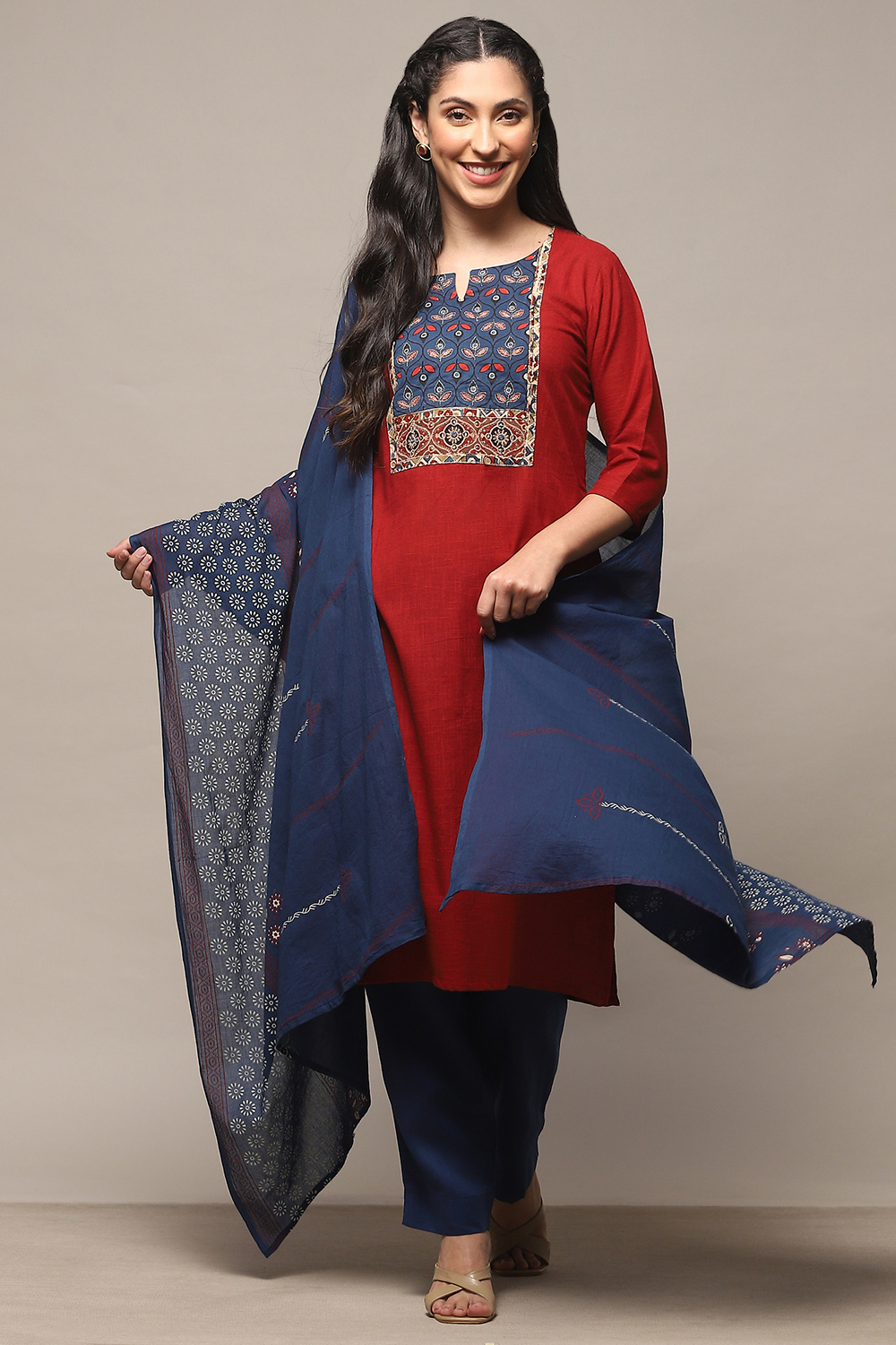 Maroon Cotton Unstitched Suit Set image number 1