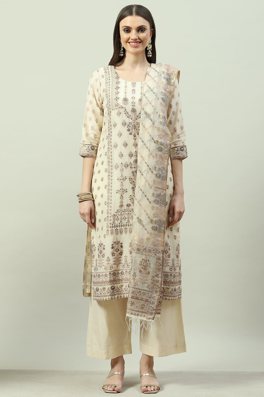 Ecru Art Silk Straight Kurta Palazzo Suit Set image number 5