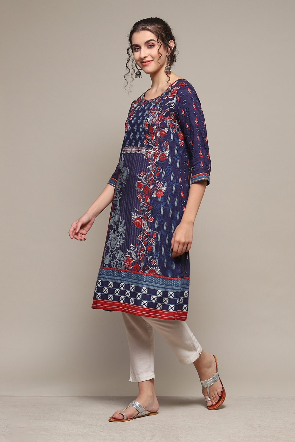 Navy LIVA Straight Printed Kurta image number 2