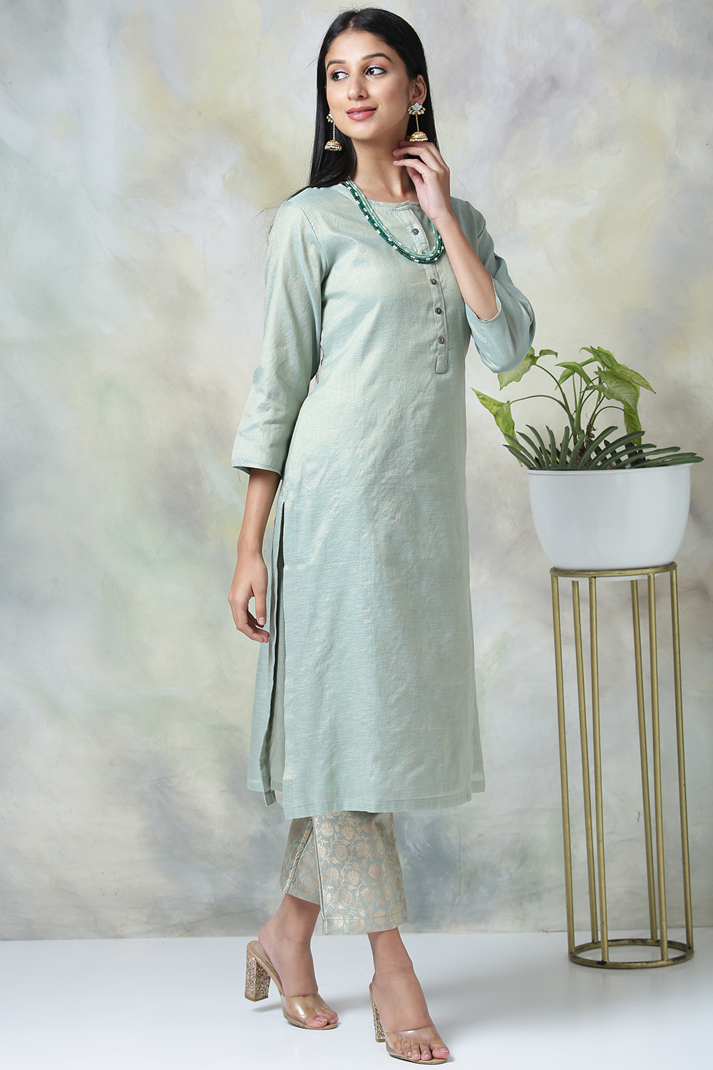 Sage Green Metallic Cotton Kurta Pants Set image number 4